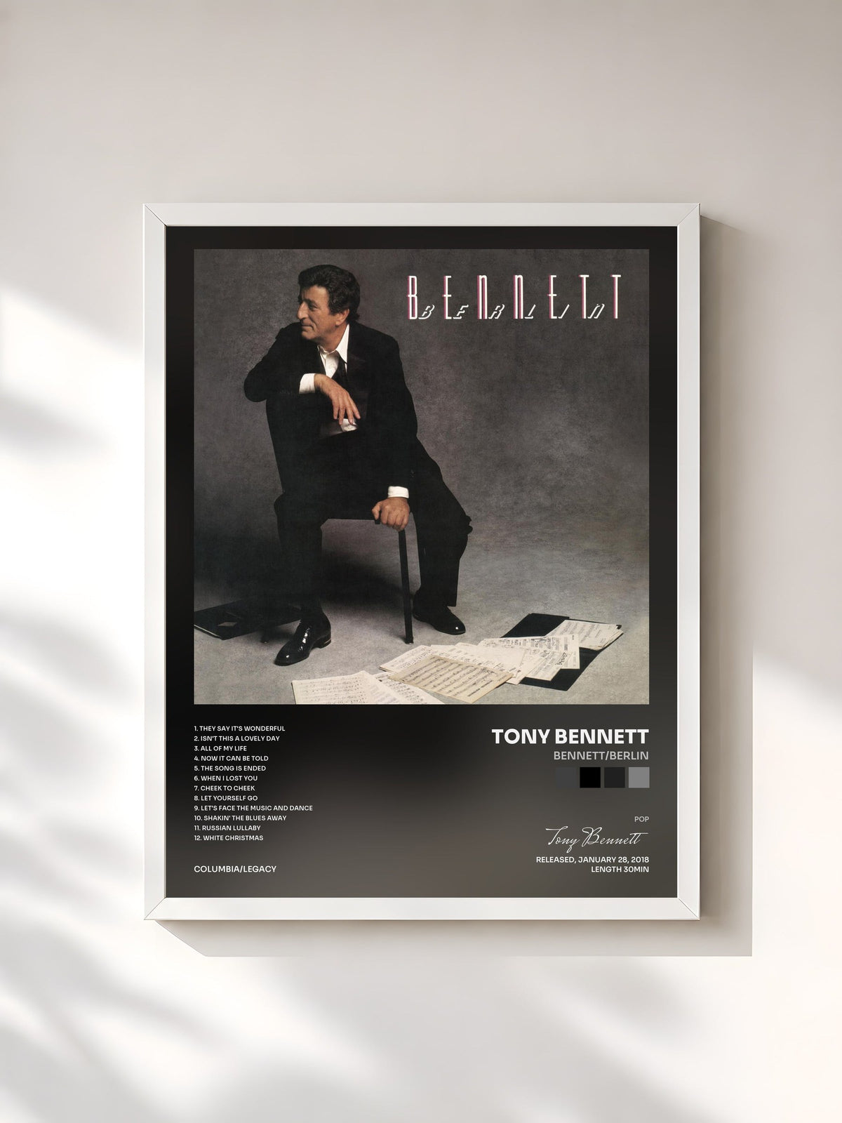 #blanc Tableau de l'album Bennett/Berlin de Tony Bennett, cadre blanc, imprimé et encadré en France