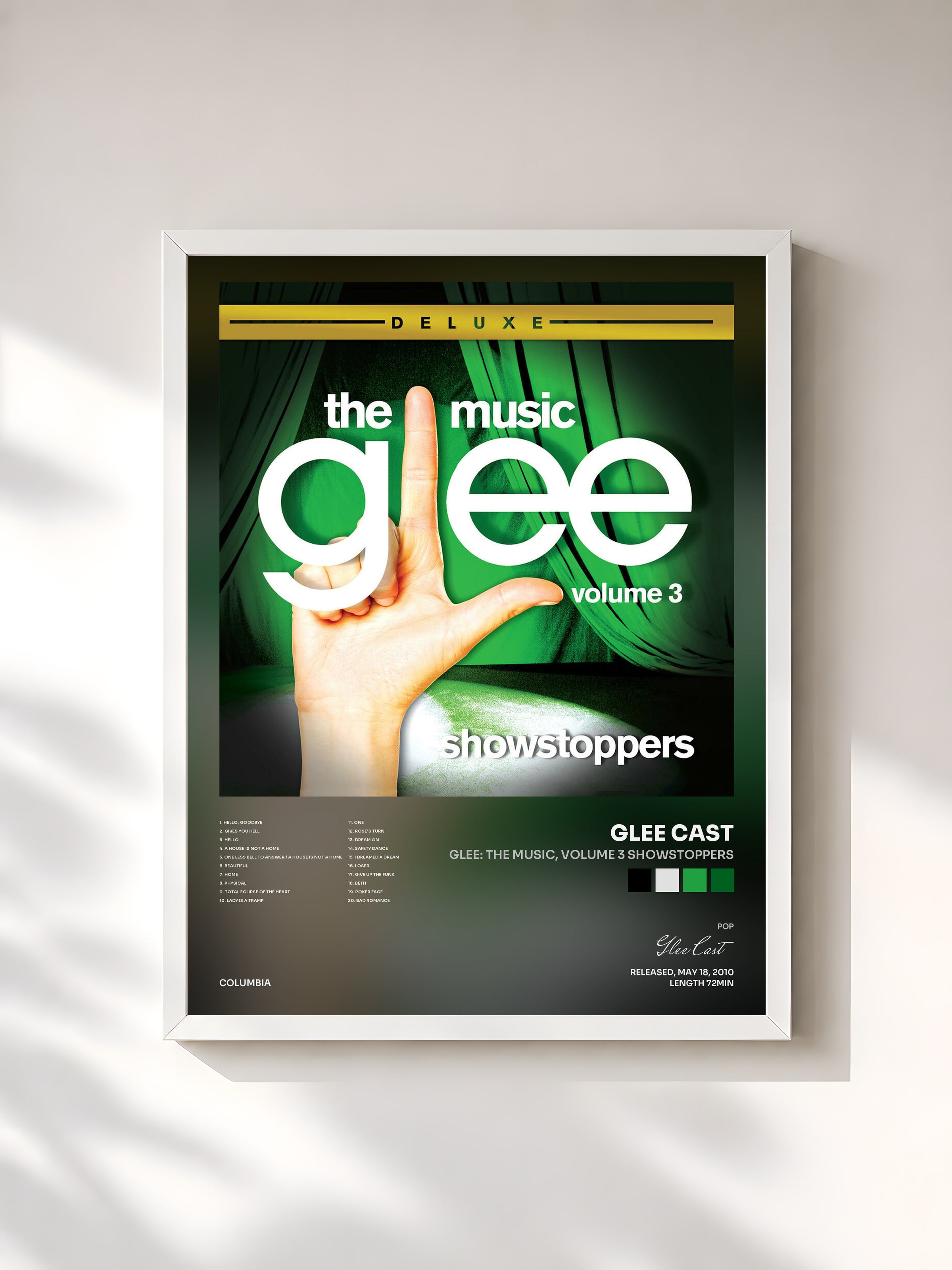 #blanc Tableau de l'album Glee: The Music, Volume 3 Showstoppers de Glee Cast, cadre blanc, imprimé et encadré en France