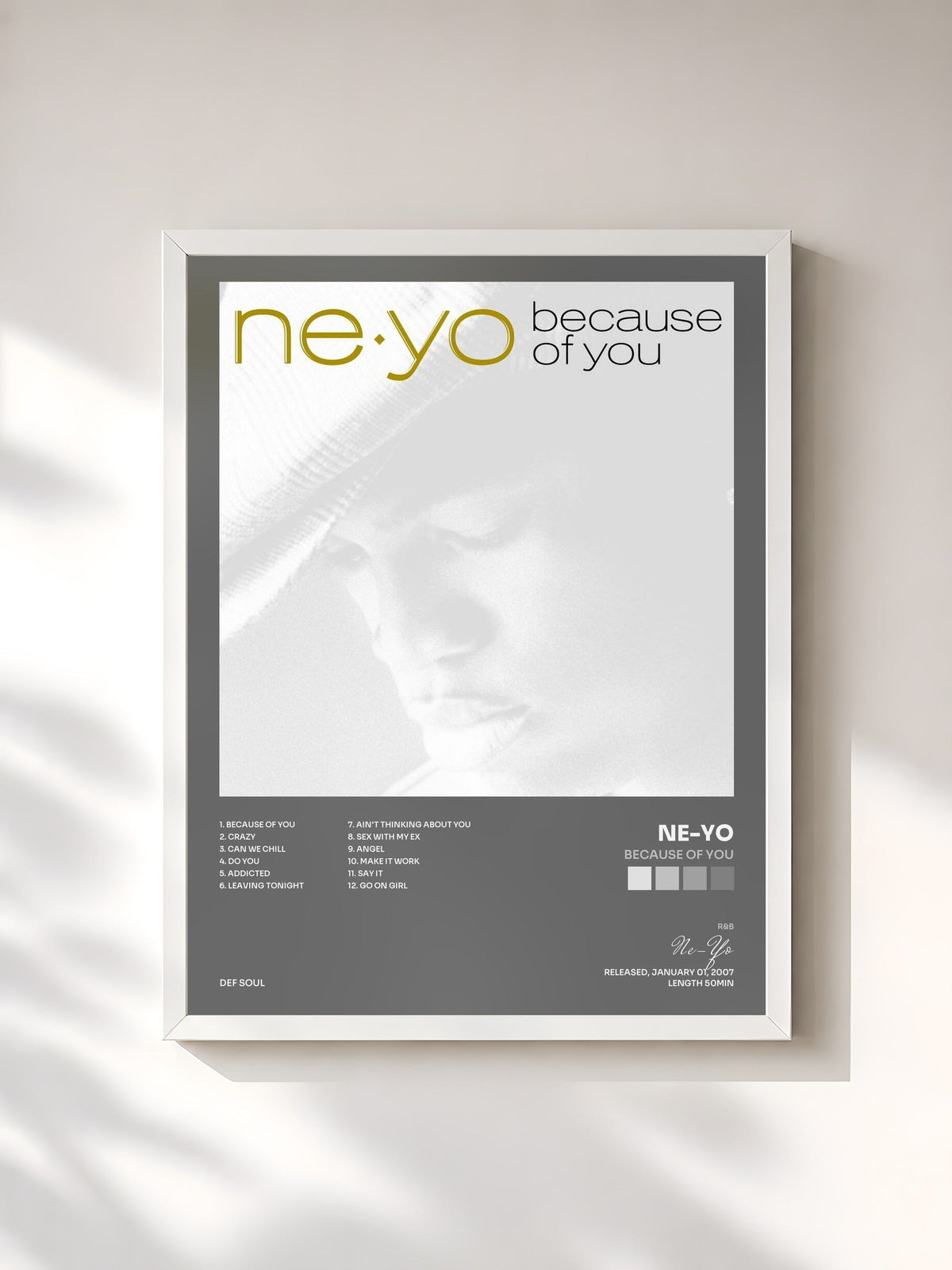 #blanc Tableau de l'album Because Of You de Ne-Yo, cadre blanc, imprimé et encadré en France