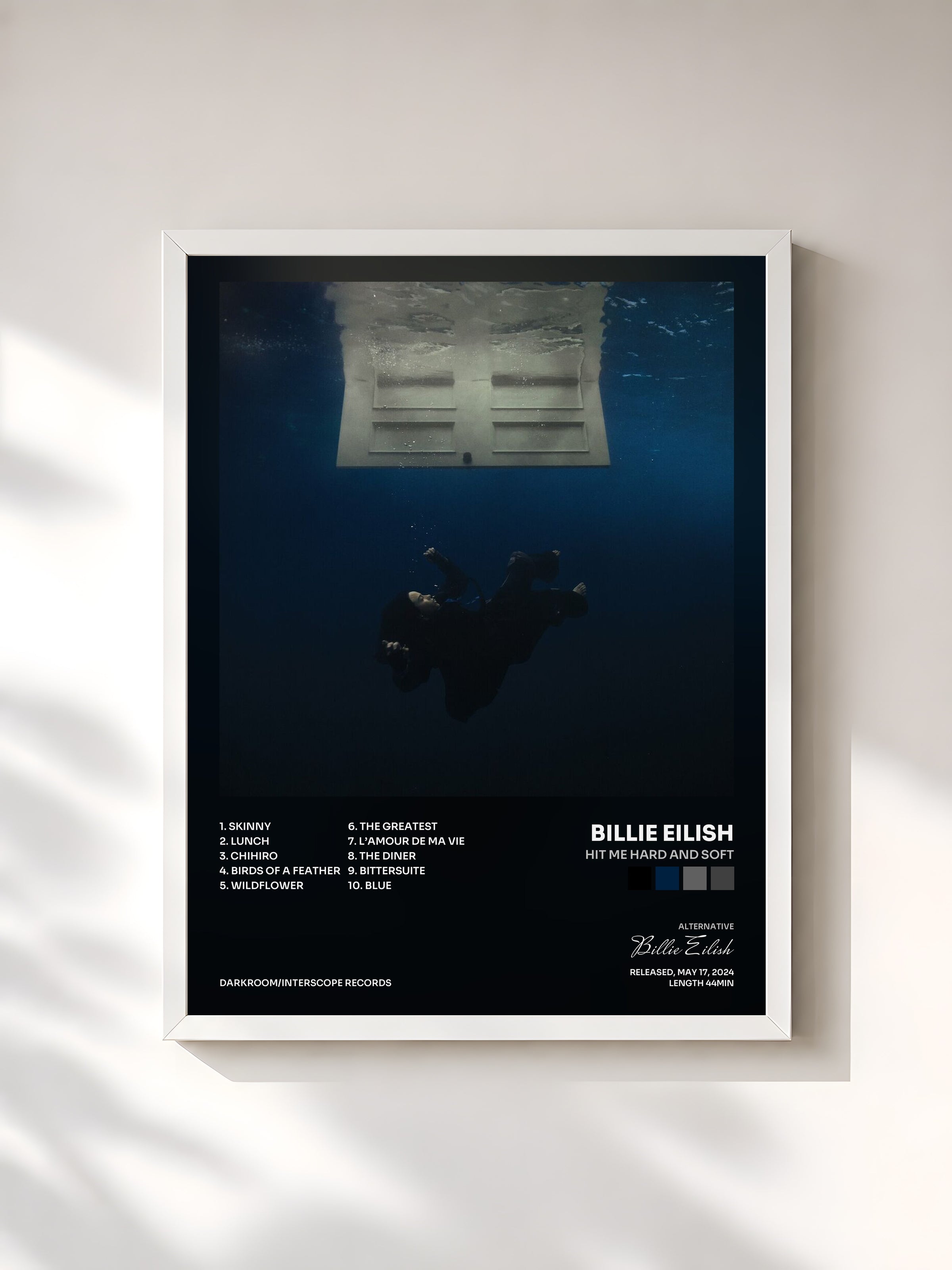 #blanc Tableau de l'album HIT ME HARD AND SOFT de Billie Eilish, cadre blanc, imprimé et encadré en France