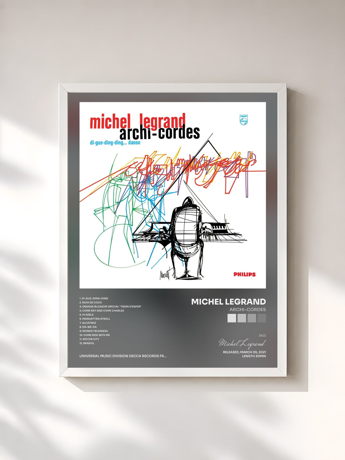 #blanc Tableau de l'album Archi-cordes de Michel Legrand, cadre blanc, imprimé et encadré en France