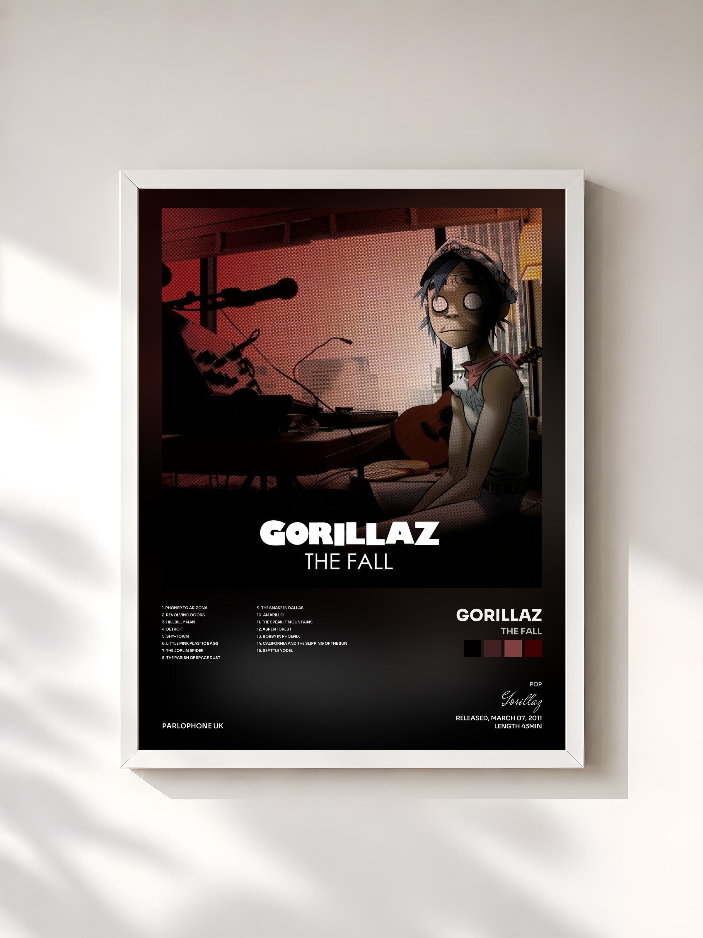 #blanc The Fall de Gorillaz en lámina enmarcada, marco blanco, impresa y enmarcada en Francia