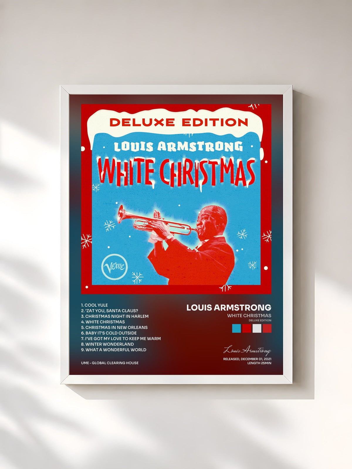 #blanc Tableau de l'album White Christmas (Deluxe Edition) de Louis Armstrong, cadre blanc, imprimé et encadré en France