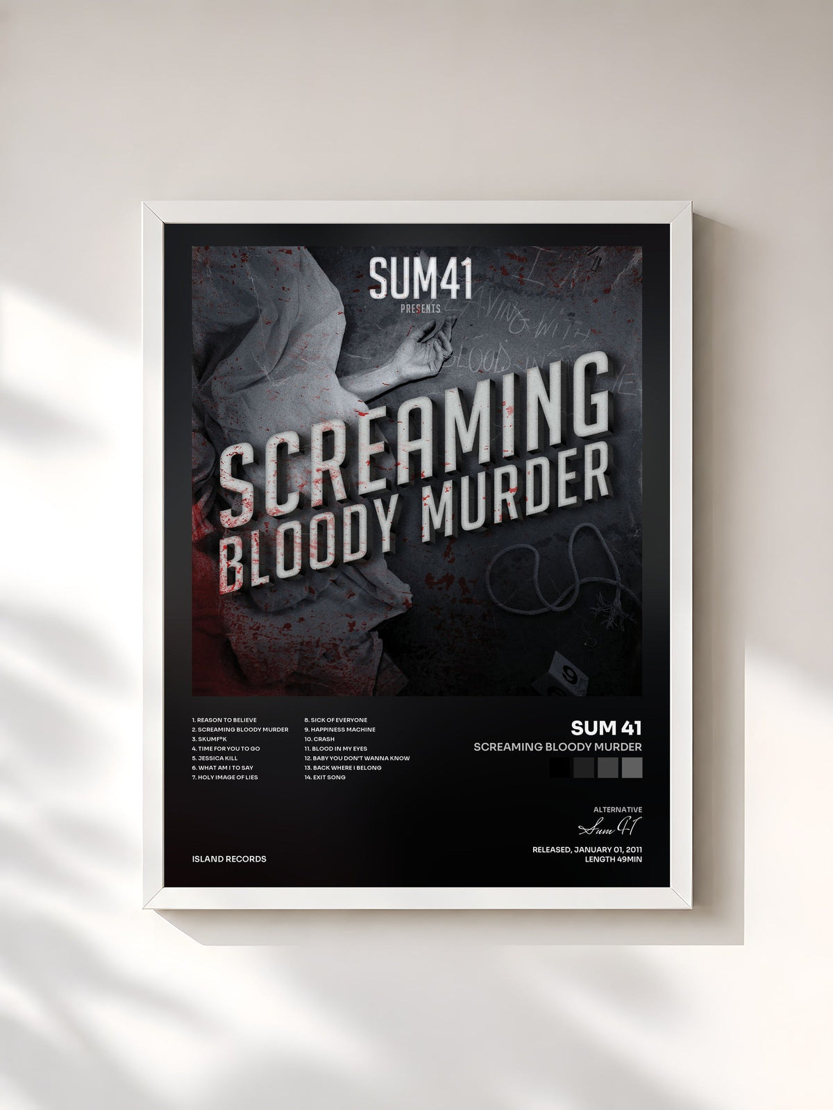#blanc Screaming Bloody Murder by Sum 41 as a framed art print, white frame, printed and framed in France