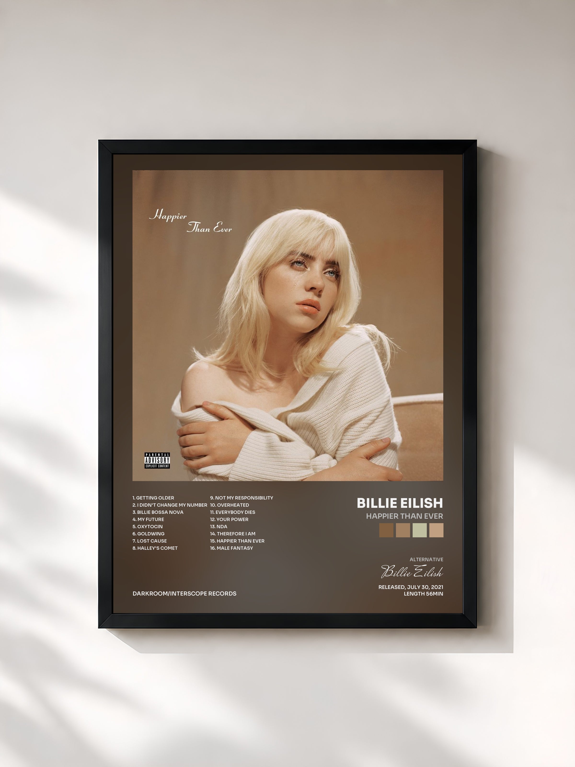 #noir Tableau de l'album Happier Than Ever de Billie Eilish, cadre noir, imprimé et encadré en France