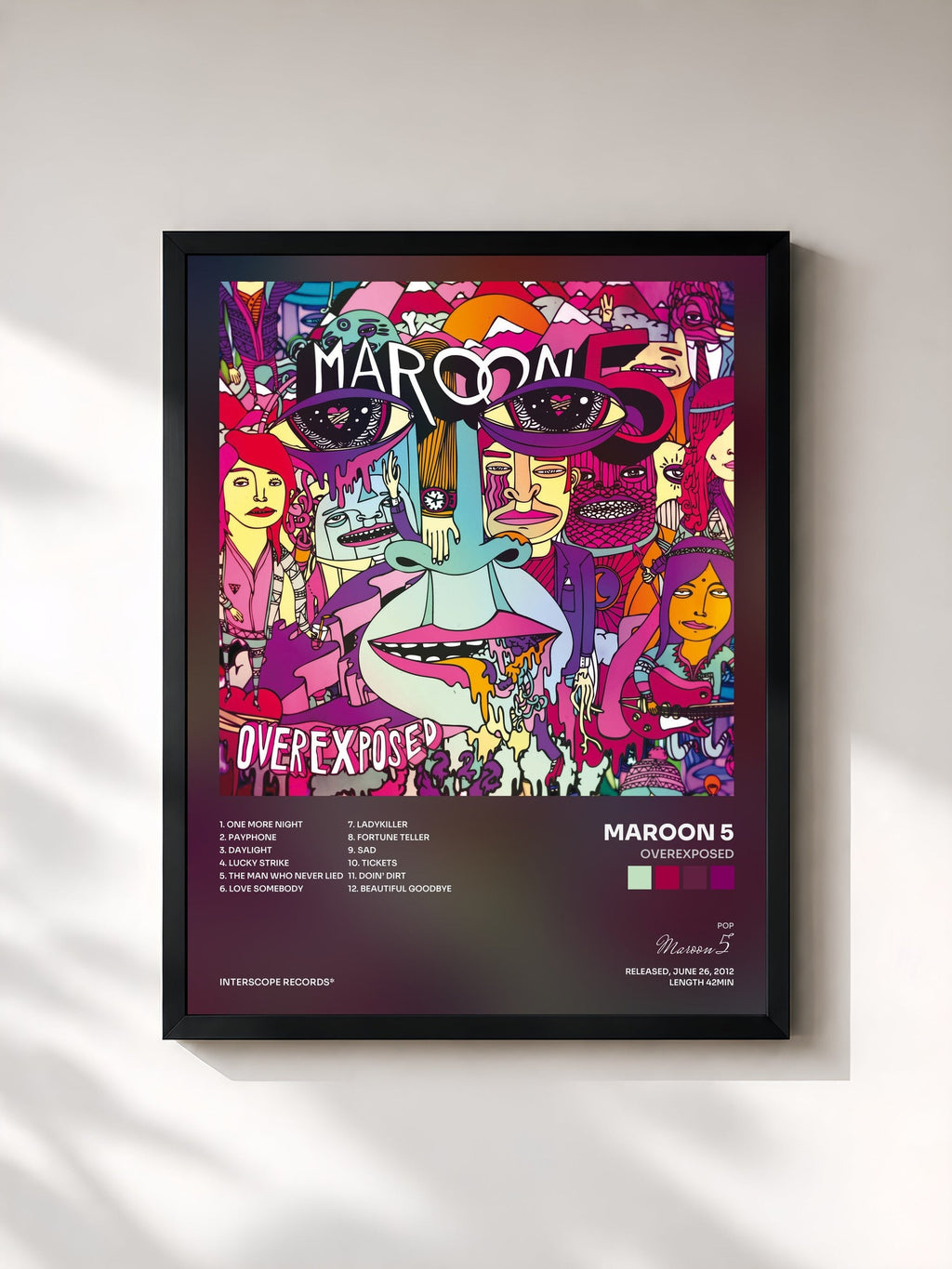 #noir Tableau de l'album Overexposed de Maroon 5, cadre noir, imprimé et encadré en France