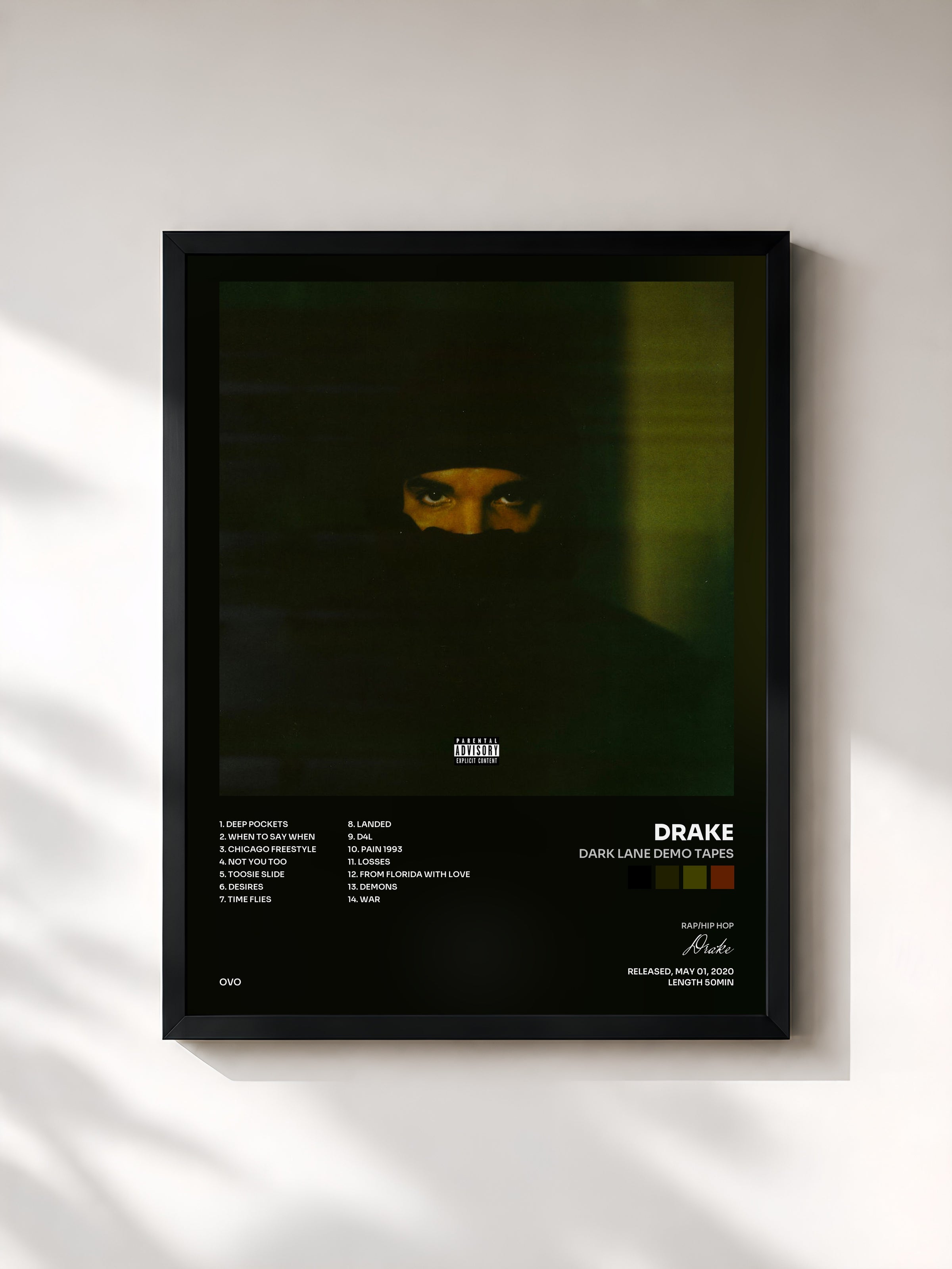 #noir Tableau de l'album Dark Lane Demo Tapes de Drake, cadre noir, imprimé et encadré en France