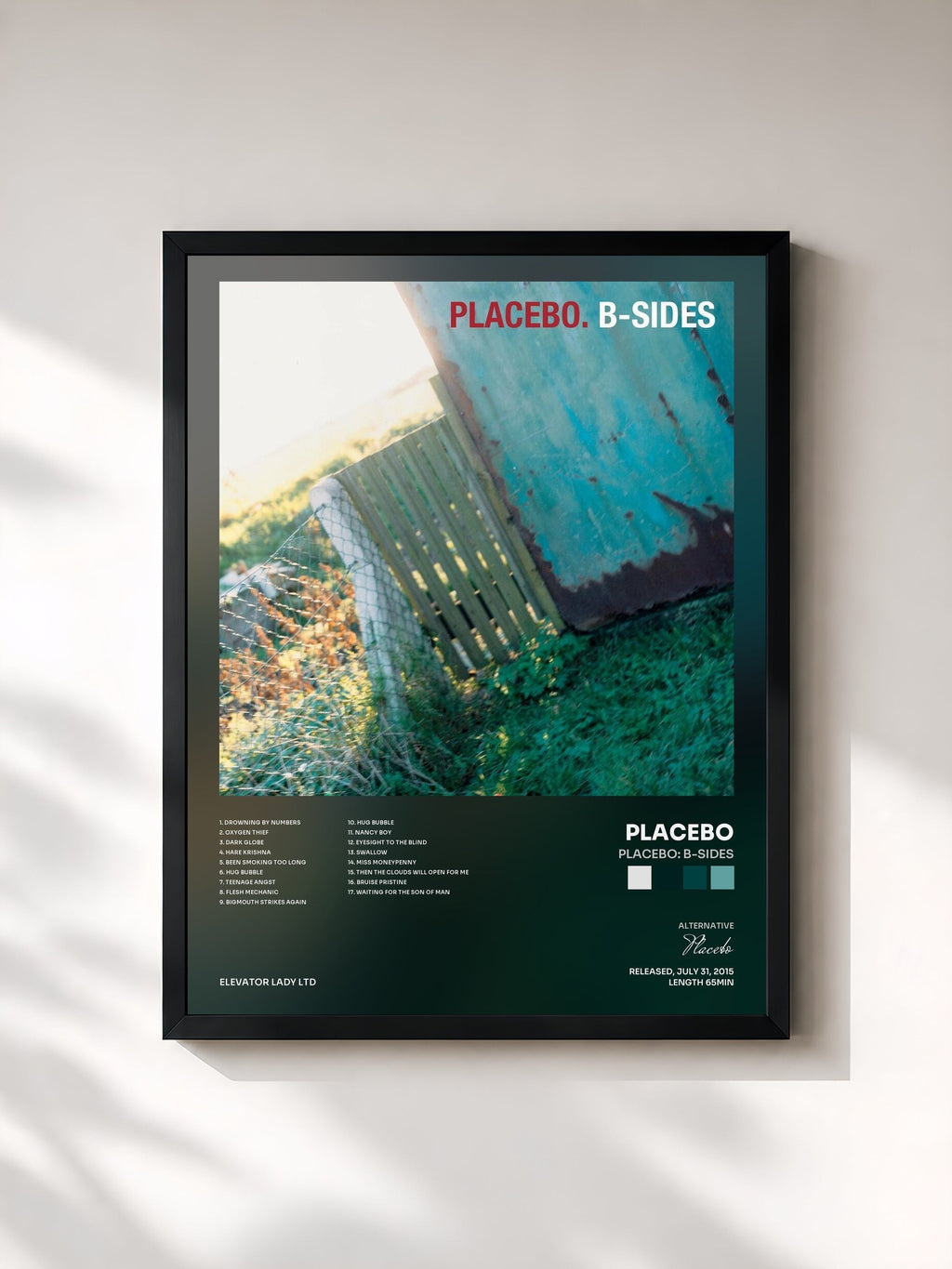 #noir Placebo: B-Sides di Placebo in stampa incorniciata, cornice nera, stampata e incorniciata in Francia