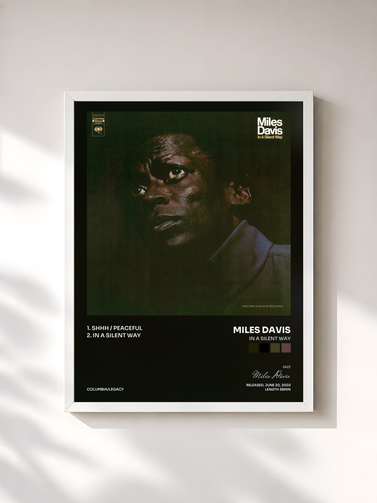 #blanc Tableau de l'album In A Silent Way de Miles Davis, cadre blanc, imprimé et encadré en France