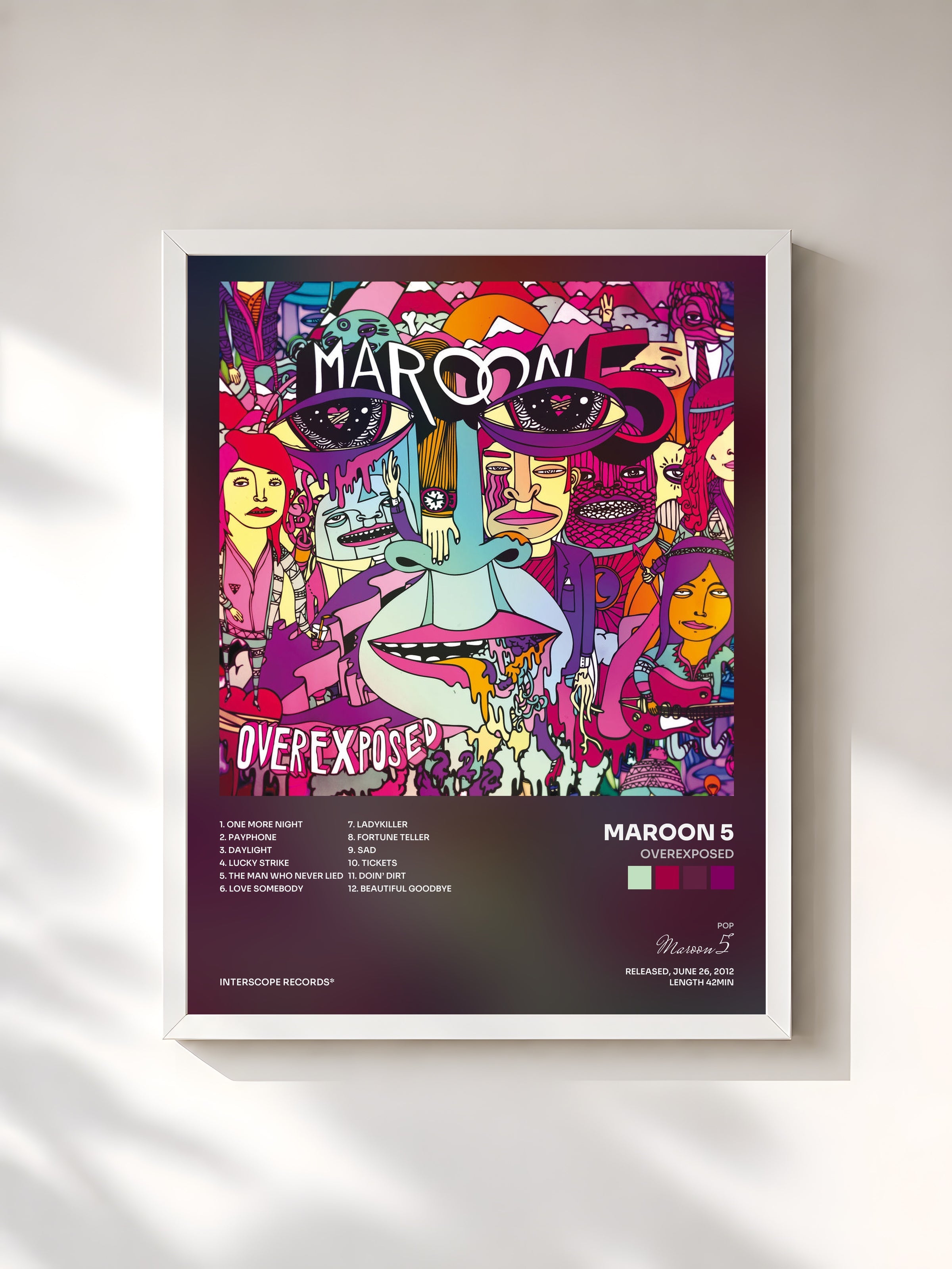 #blanc Overexposed di Maroon 5 in stampa incorniciata, cornice bianca, stampata e incorniciata in Francia