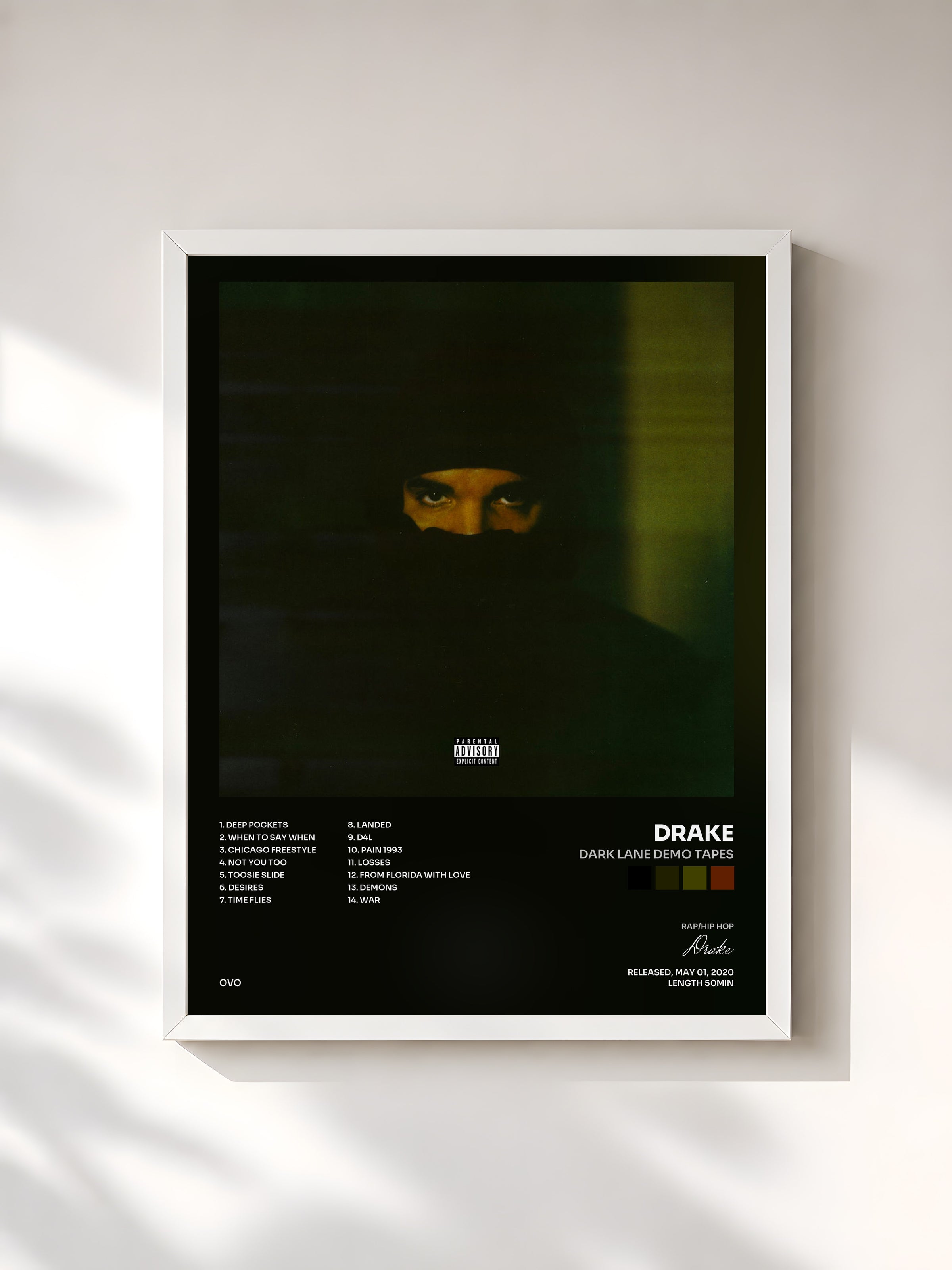 #blanc Tableau de l'album Dark Lane Demo Tapes de Drake, cadre blanc, imprimé et encadré en France