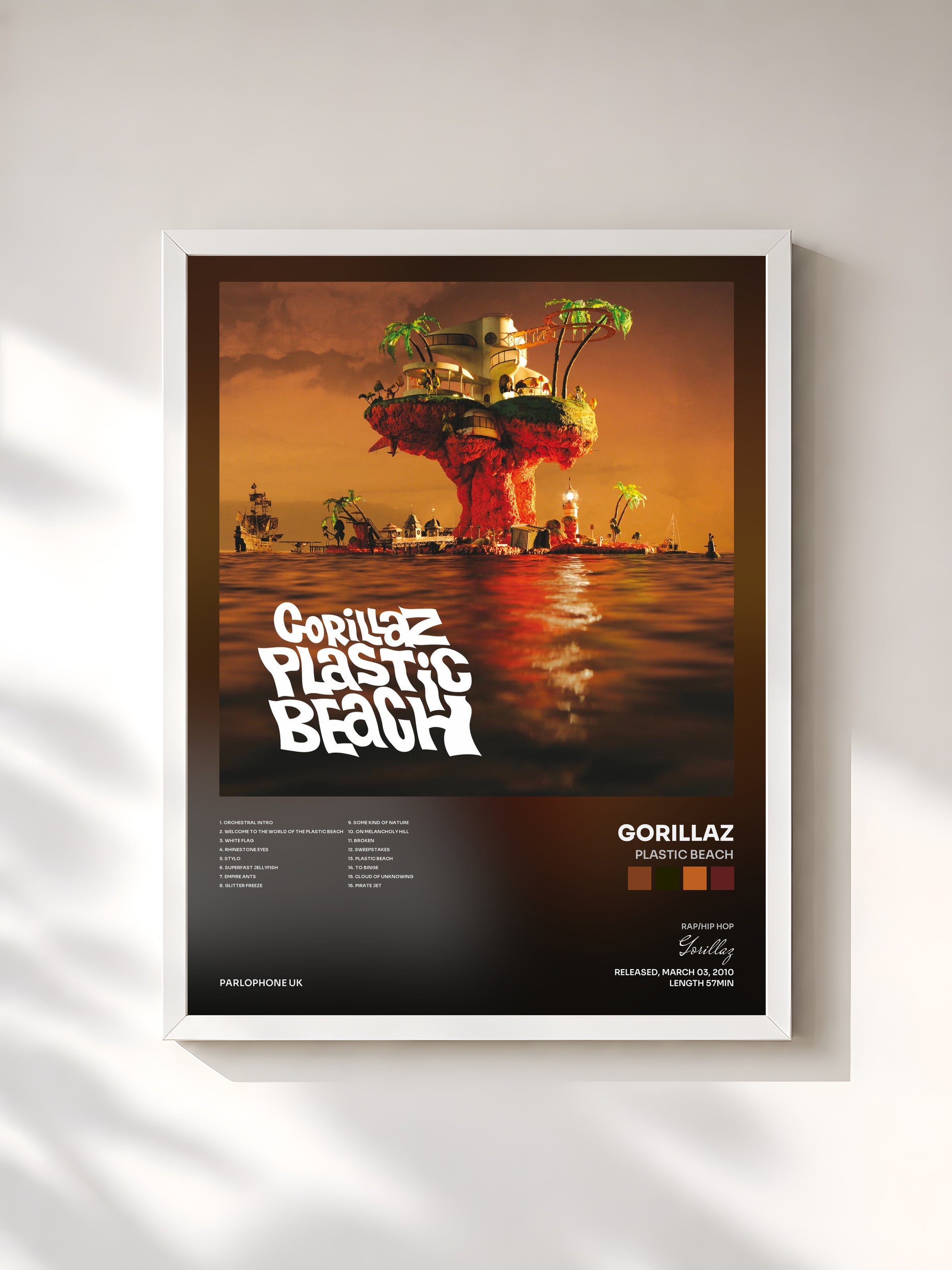 #blanc Plastic Beach by Gorillaz as a framed art print, white frame, printed and framed in France