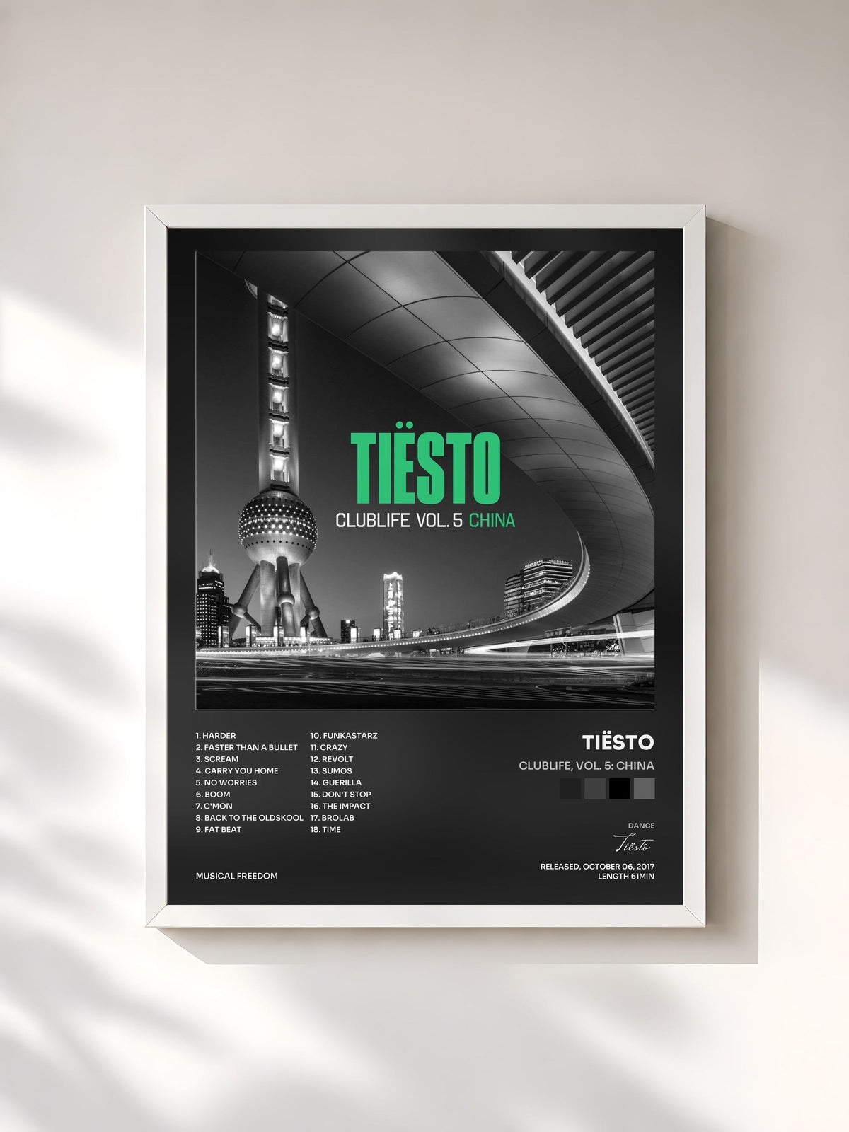 #blanc Tableau de l'album CLUBLIFE, VOL. 5: CHINA de Tiësto, cadre blanc, imprimé et encadré en France