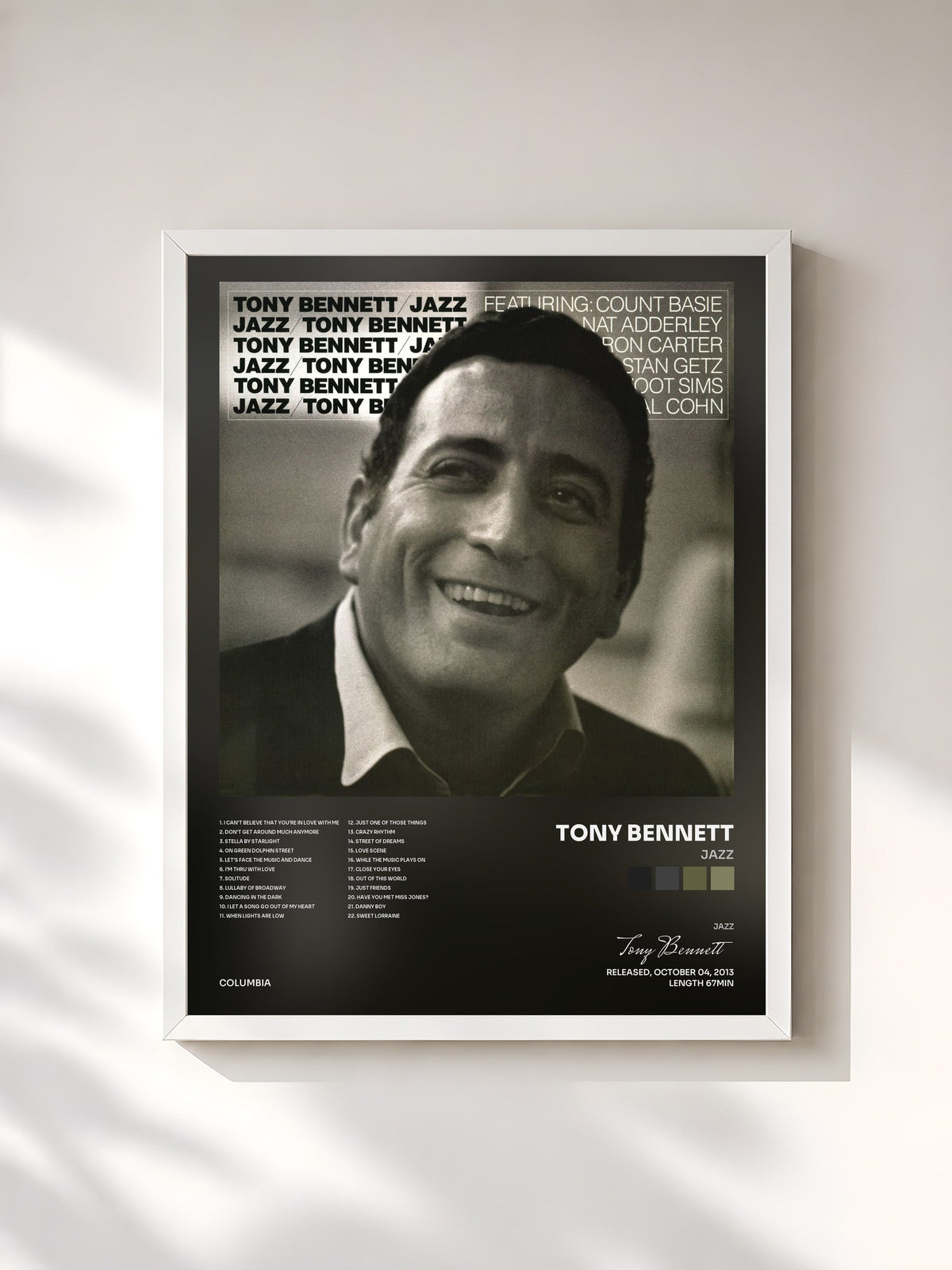 #blanc Tableau de l'album Jazz de Tony Bennett, cadre blanc, imprimé et encadré en France