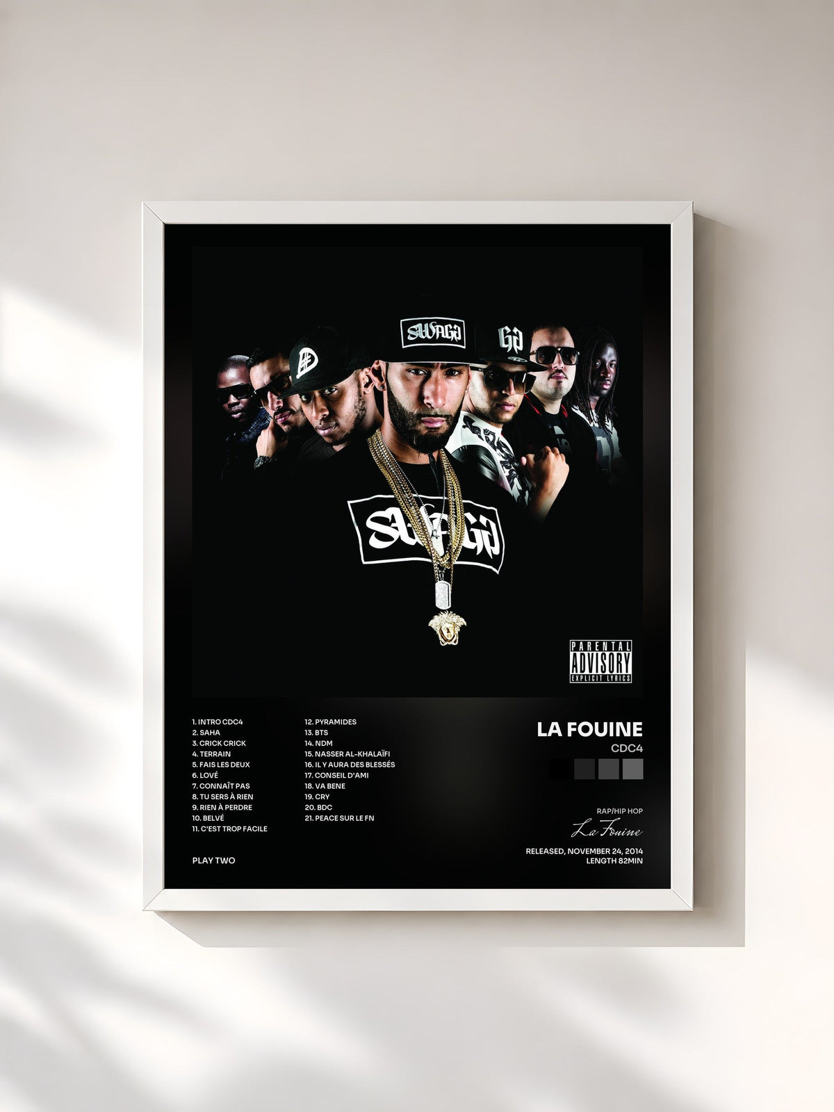 #blanc Tableau de l'album CDC4 de La Fouine, cadre blanc, imprimé et encadré en France