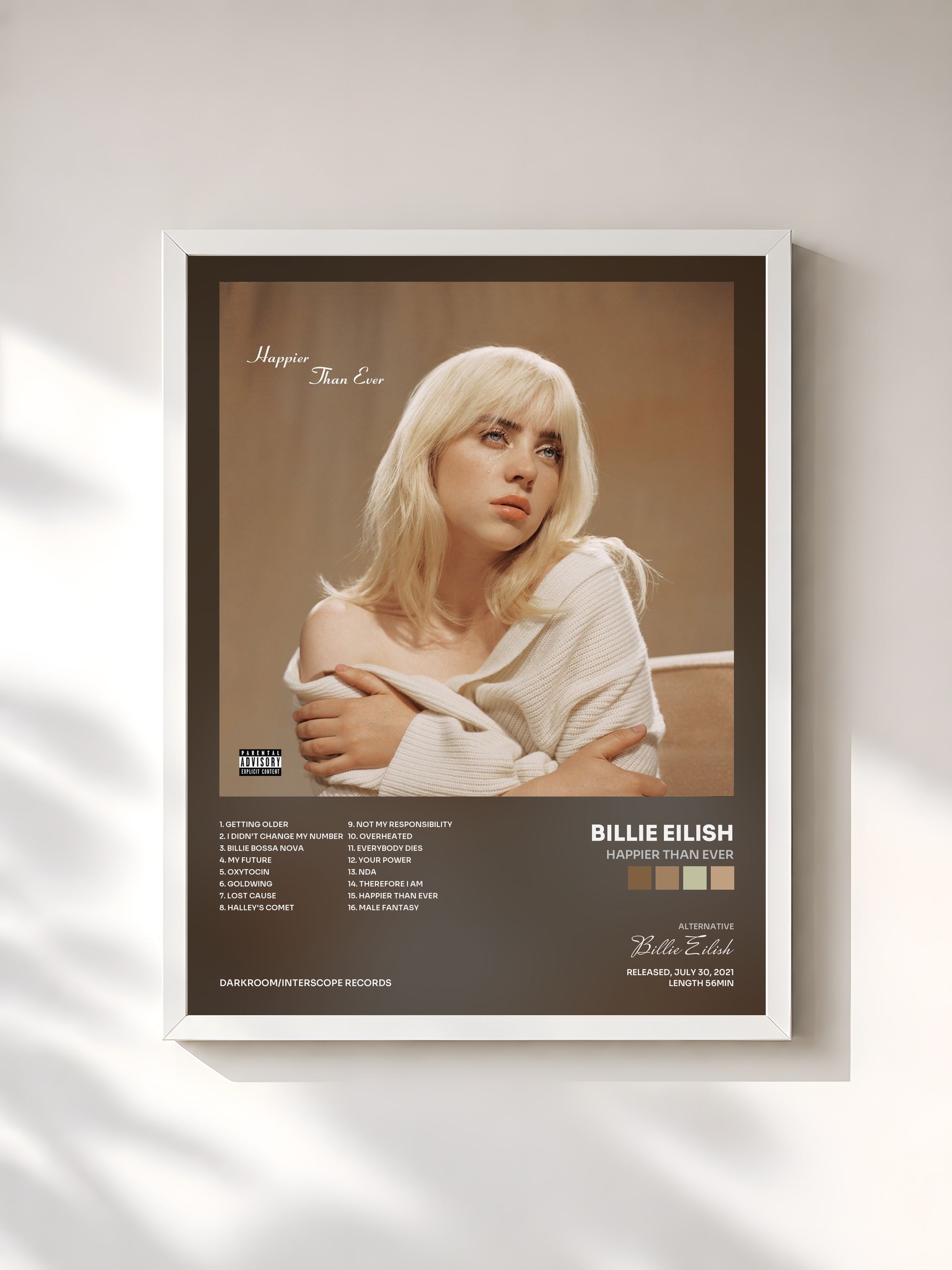 #blanc Tableau de l'album Happier Than Ever de Billie Eilish, cadre blanc, imprimé et encadré en France