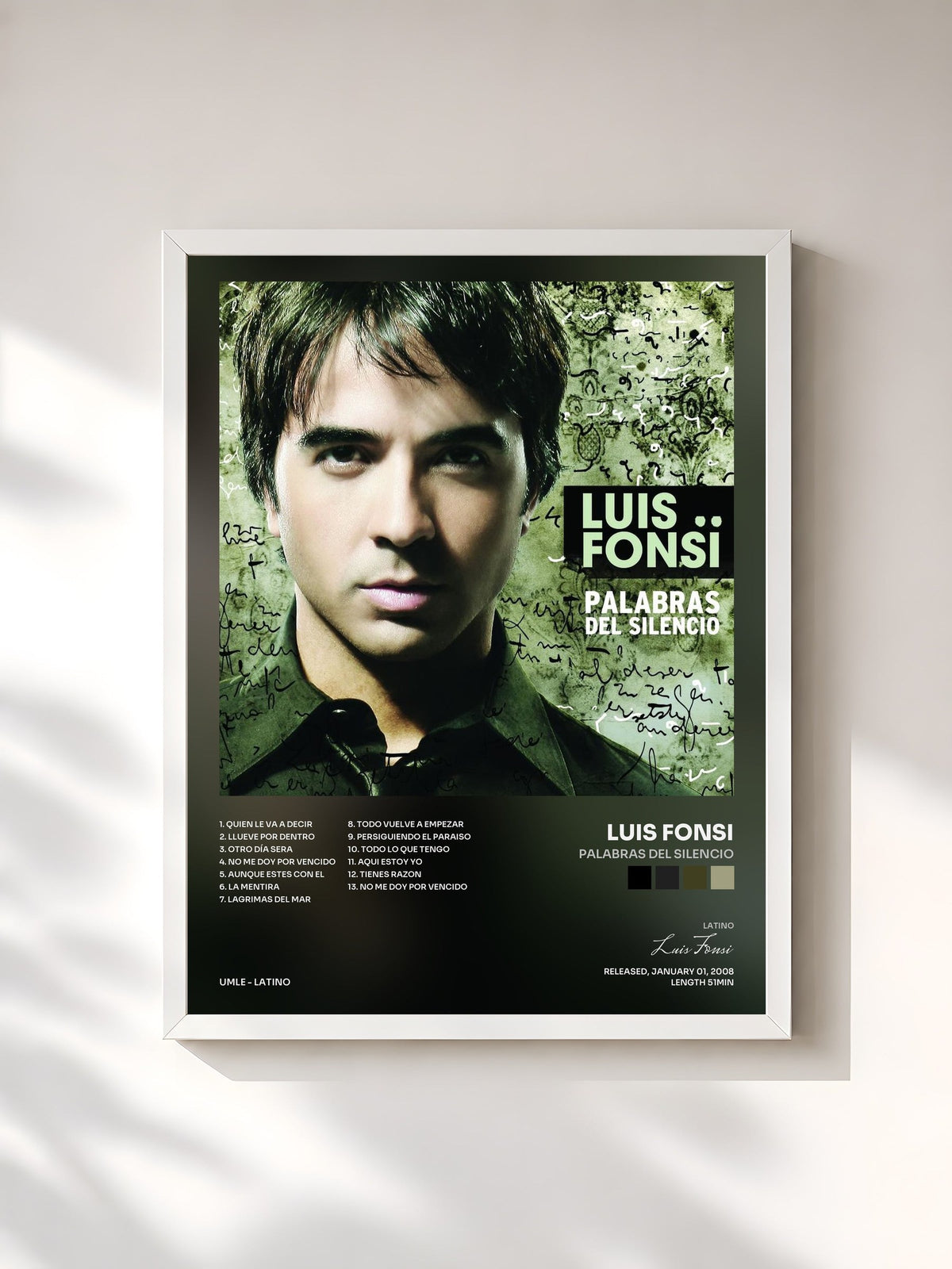 #blanc Palabras Del Silencio de Luis Fonsi en lámina enmarcada, marco blanco, impresa y enmarcada en Francia