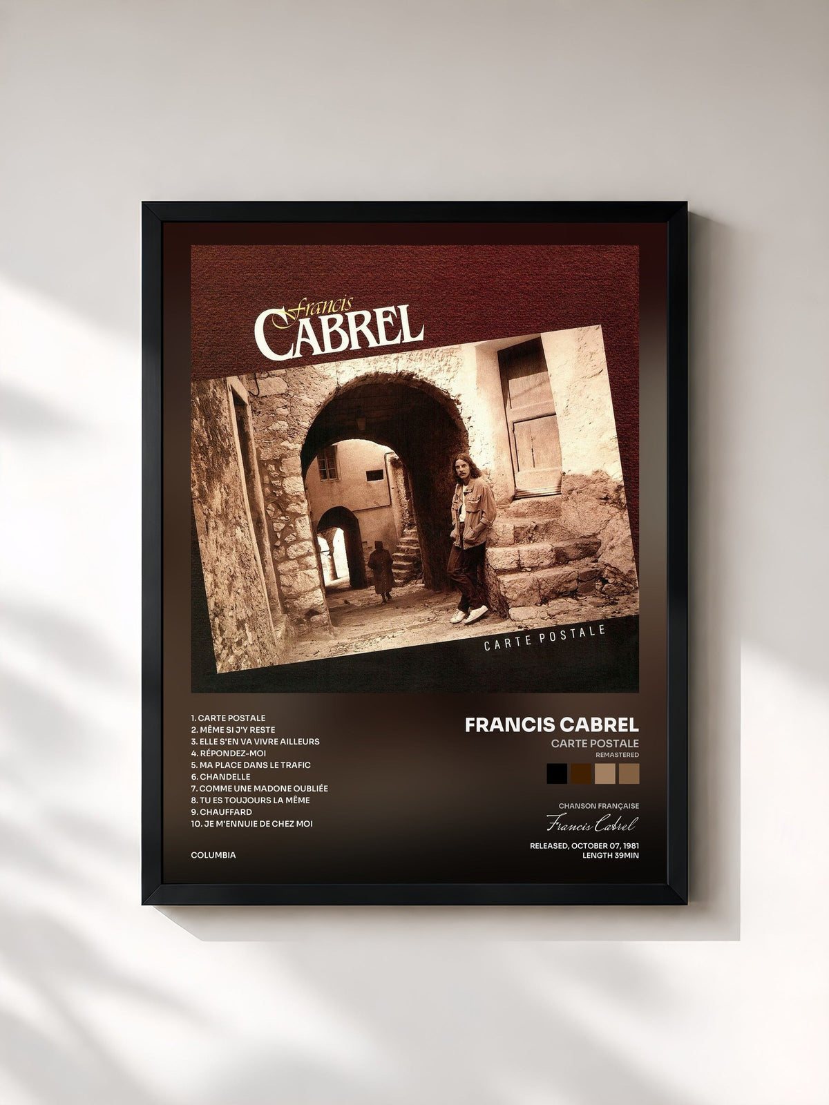 #noir Tableau de l'album Carte postale (Remastered) de Francis Cabrel, cadre noir, imprimé et encadré en France