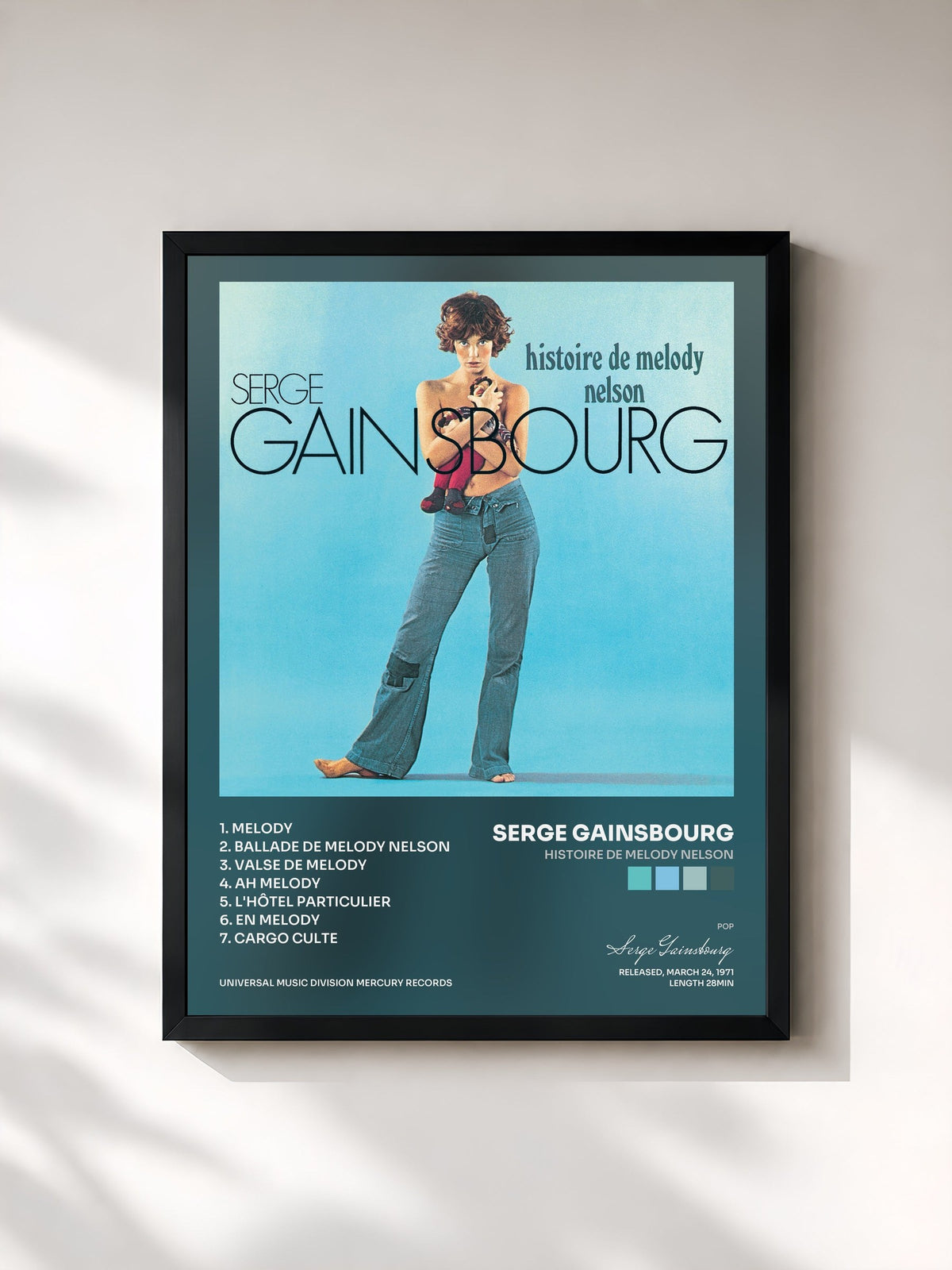 #noir Tableau de l'album Histoire de Melody Nelson de Serge Gainsbourg, cadre noir, imprimé et encadré en France