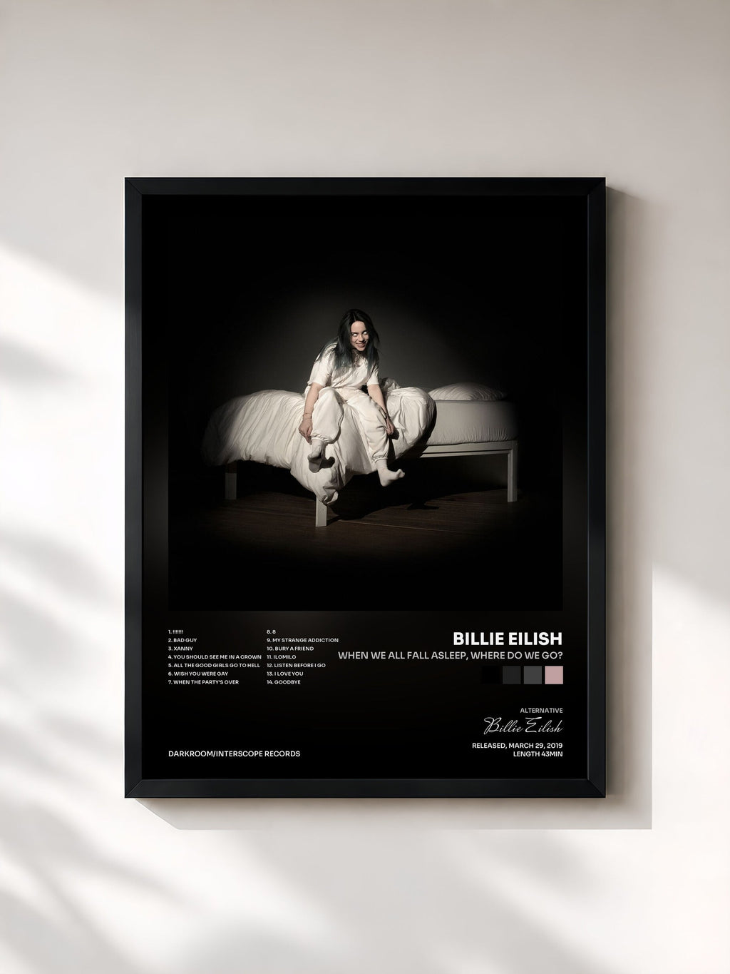 #noir Tableau de l'album WHEN WE ALL FALL ASLEEP, WHERE DO WE GO? de Billie Eilish, cadre noir, imprimé et encadré en France