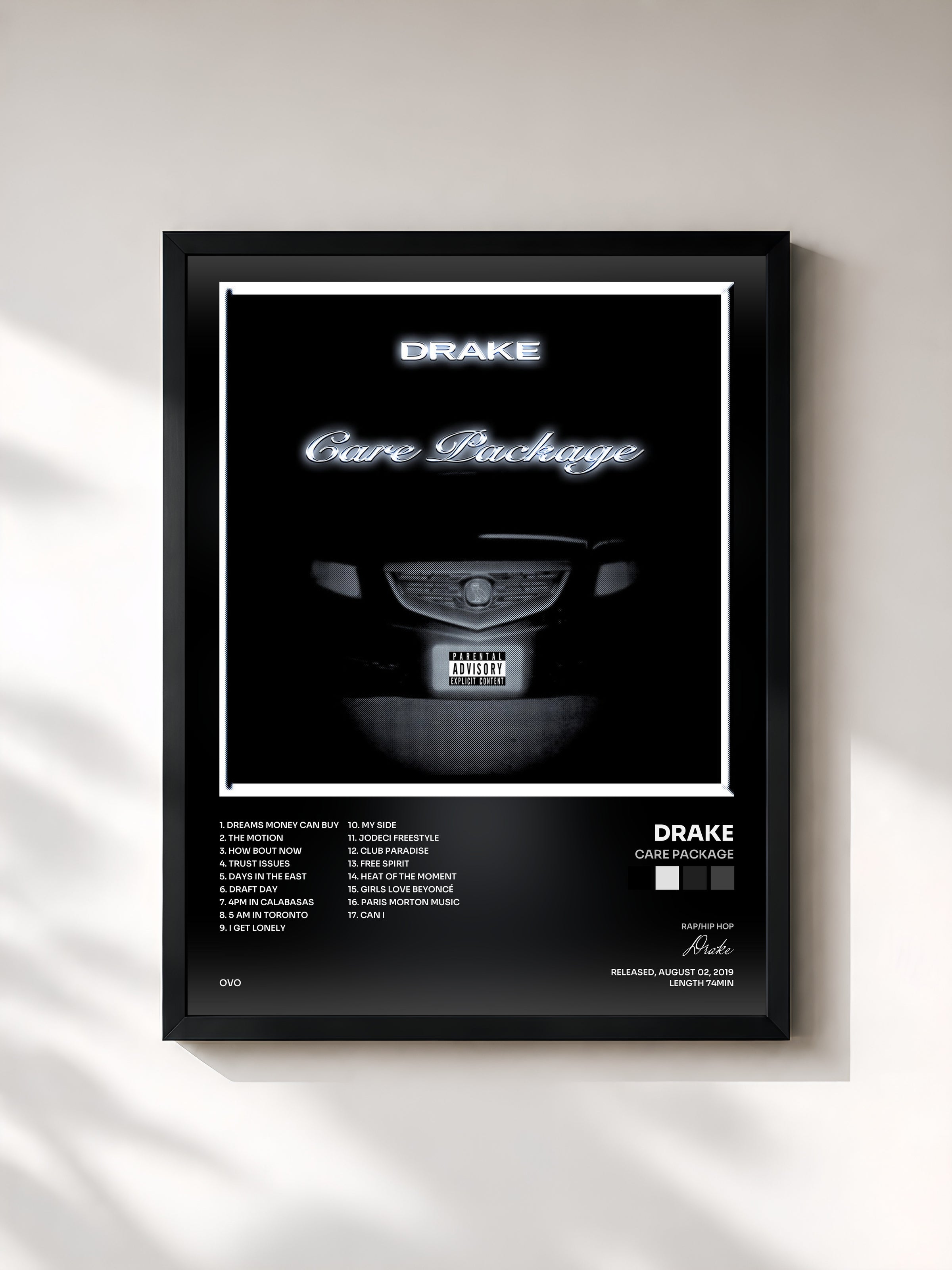 #noir Tableau de l'album Care Package de Drake, cadre noir, imprimé et encadré en France