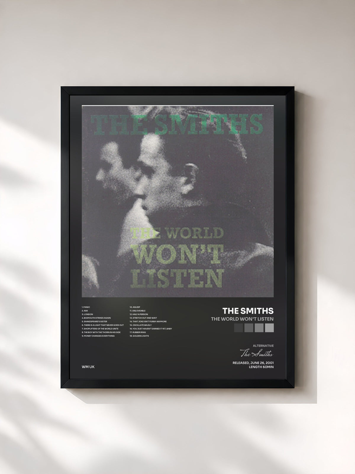 #noir The World Won't Listen von The Smiths als gerahmter Kunstdruck, schwarzer Rahmen, gedruckt und gerahmt in Frankreich
