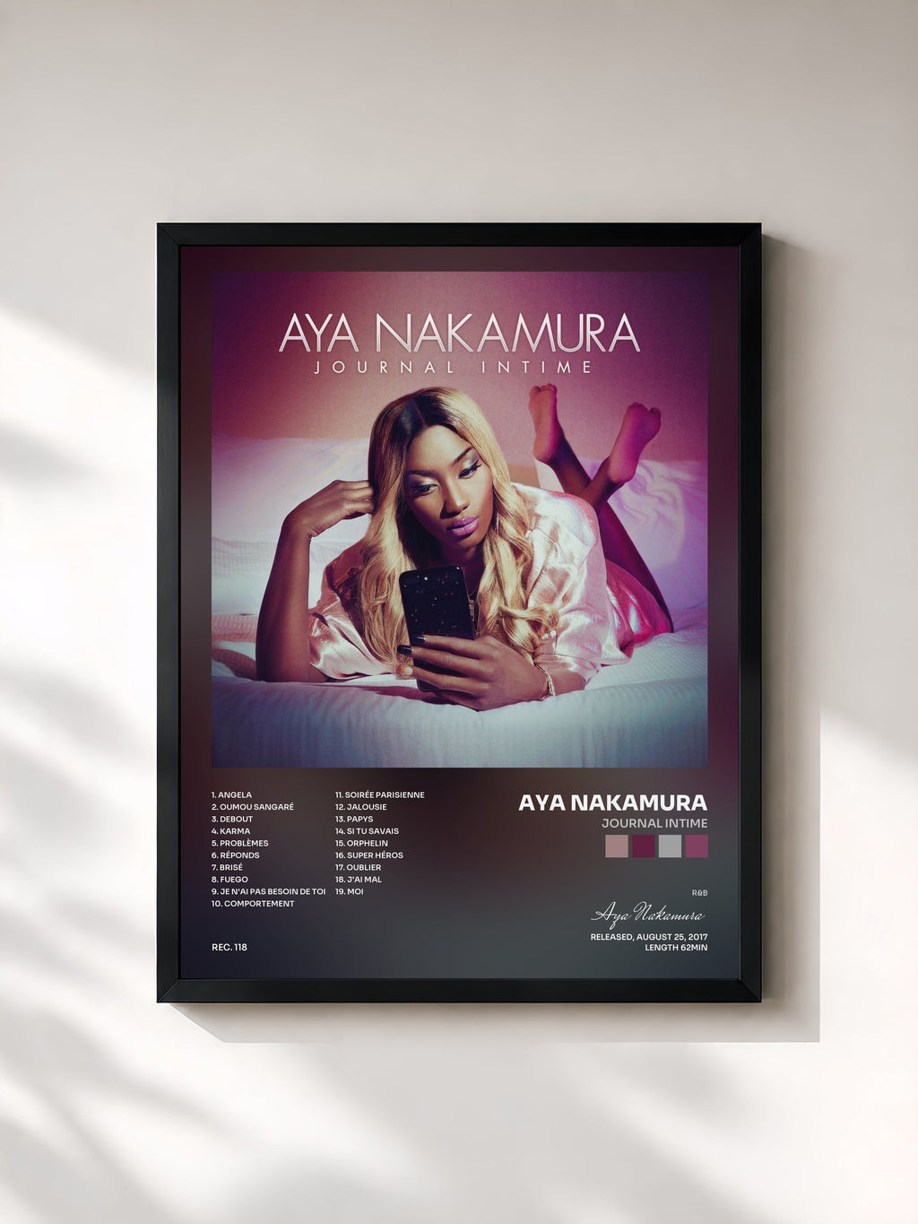 #noir Tableau de l'album Journal intime de Aya Nakamura, cadre noir, imprimé et encadré en France