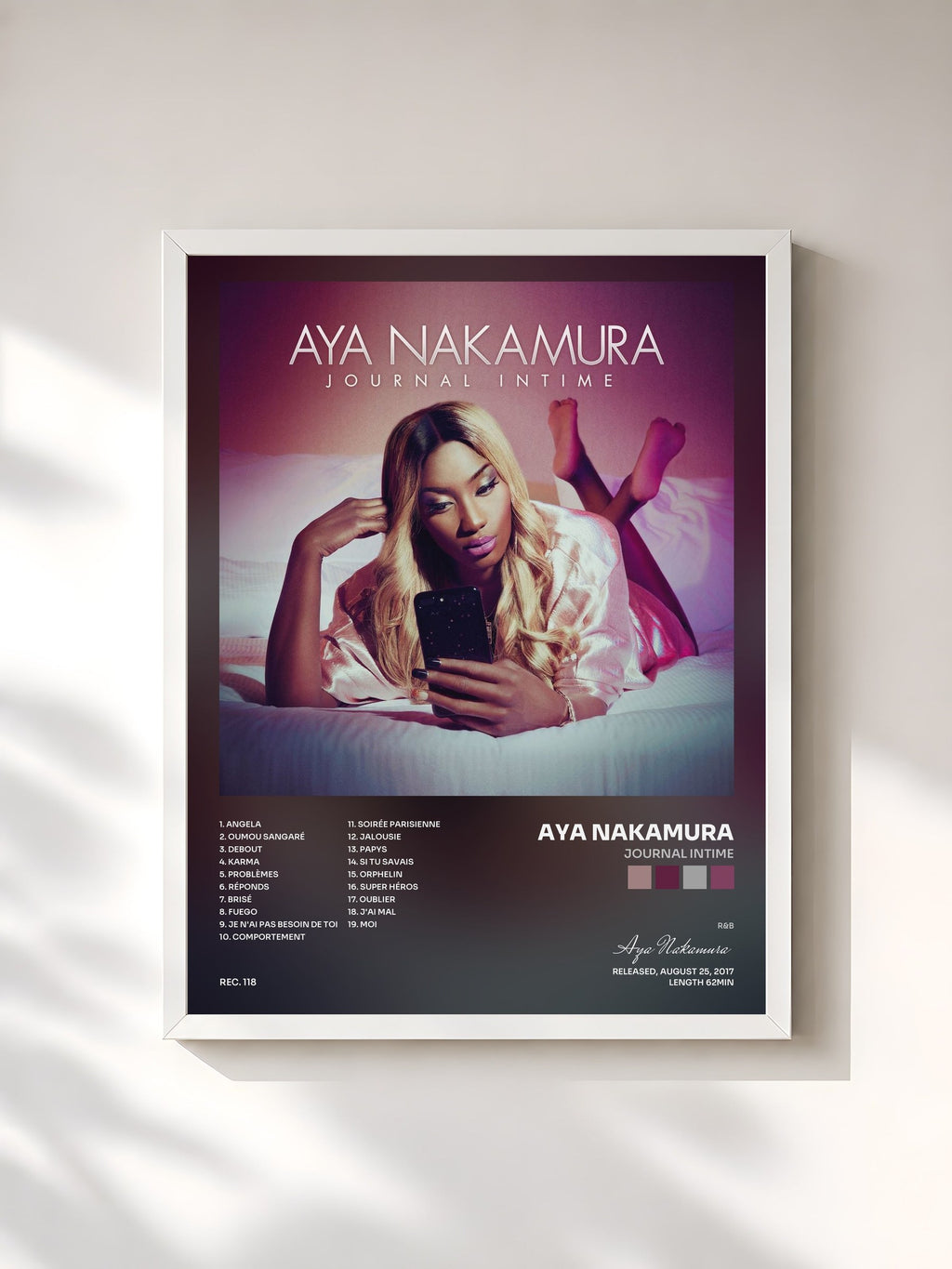 #blanc Tableau de l'album Journal intime de Aya Nakamura, cadre blanc, imprimé et encadré en France