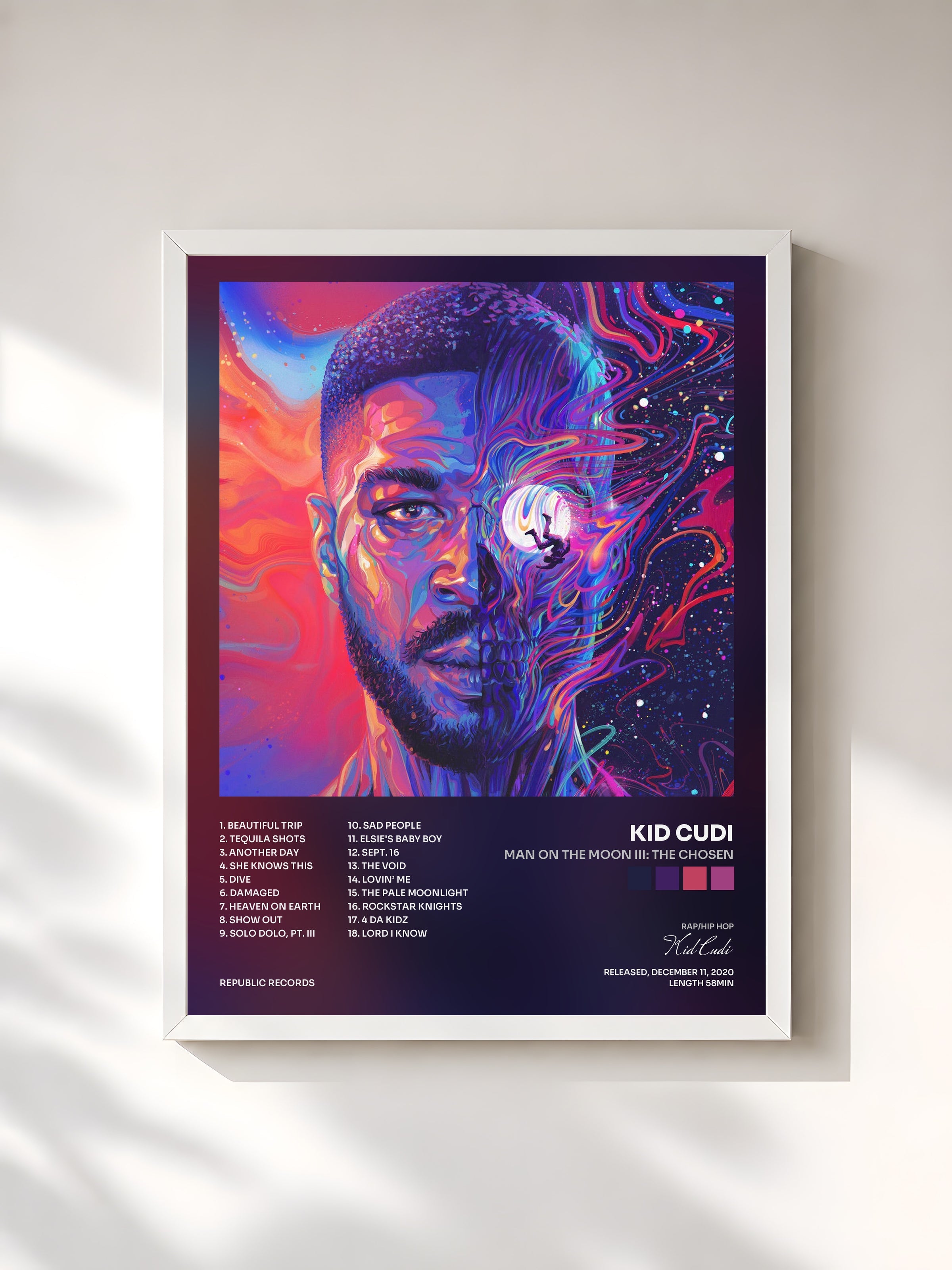 #blanc Man On The Moon III: The Chosen by Kid Cudi as a framed art print, white frame, printed and framed in France