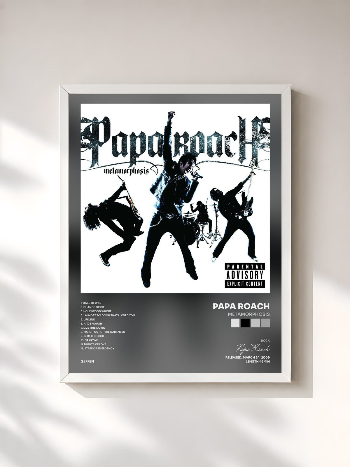#blanc Tableau de l'album Metamorphosis de Papa Roach, cadre blanc, imprimé et encadré en France
