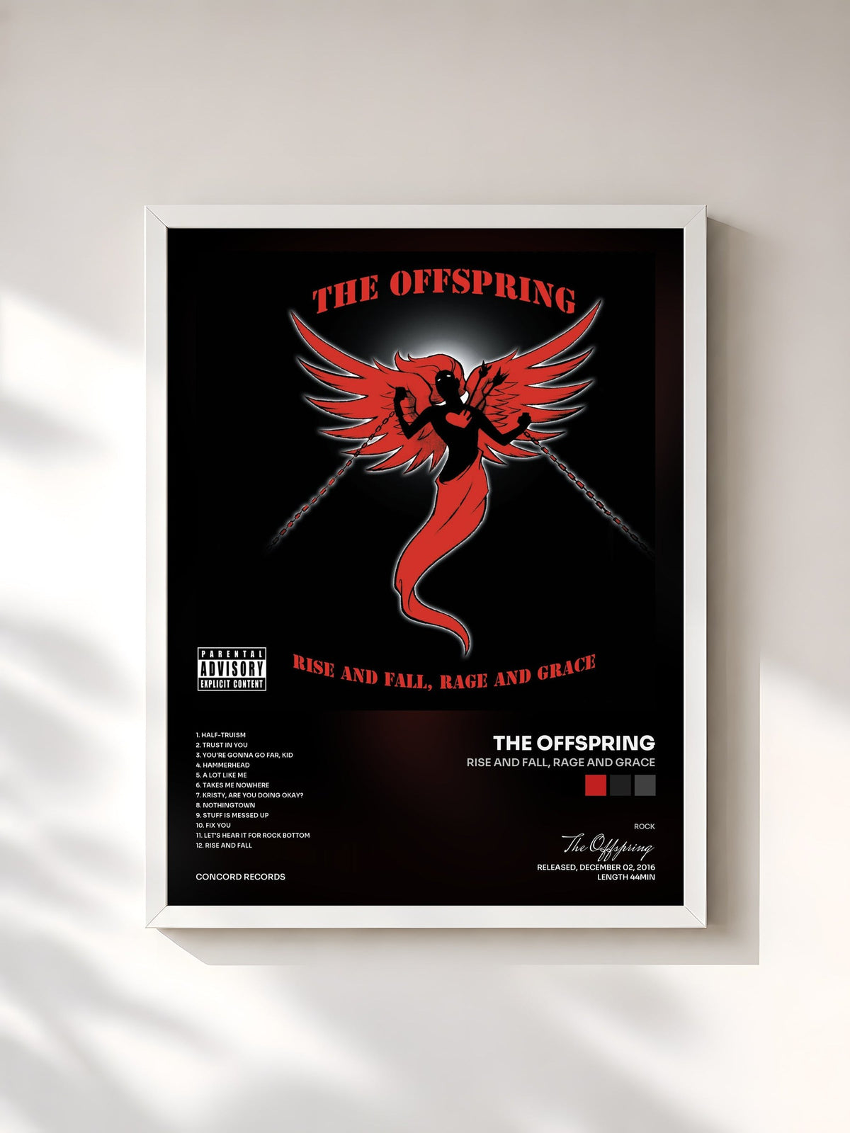 #blanc Tableau de l'album Rise And Fall, Rage And Grace de The Offspring, cadre blanc, imprimé et encadré en France