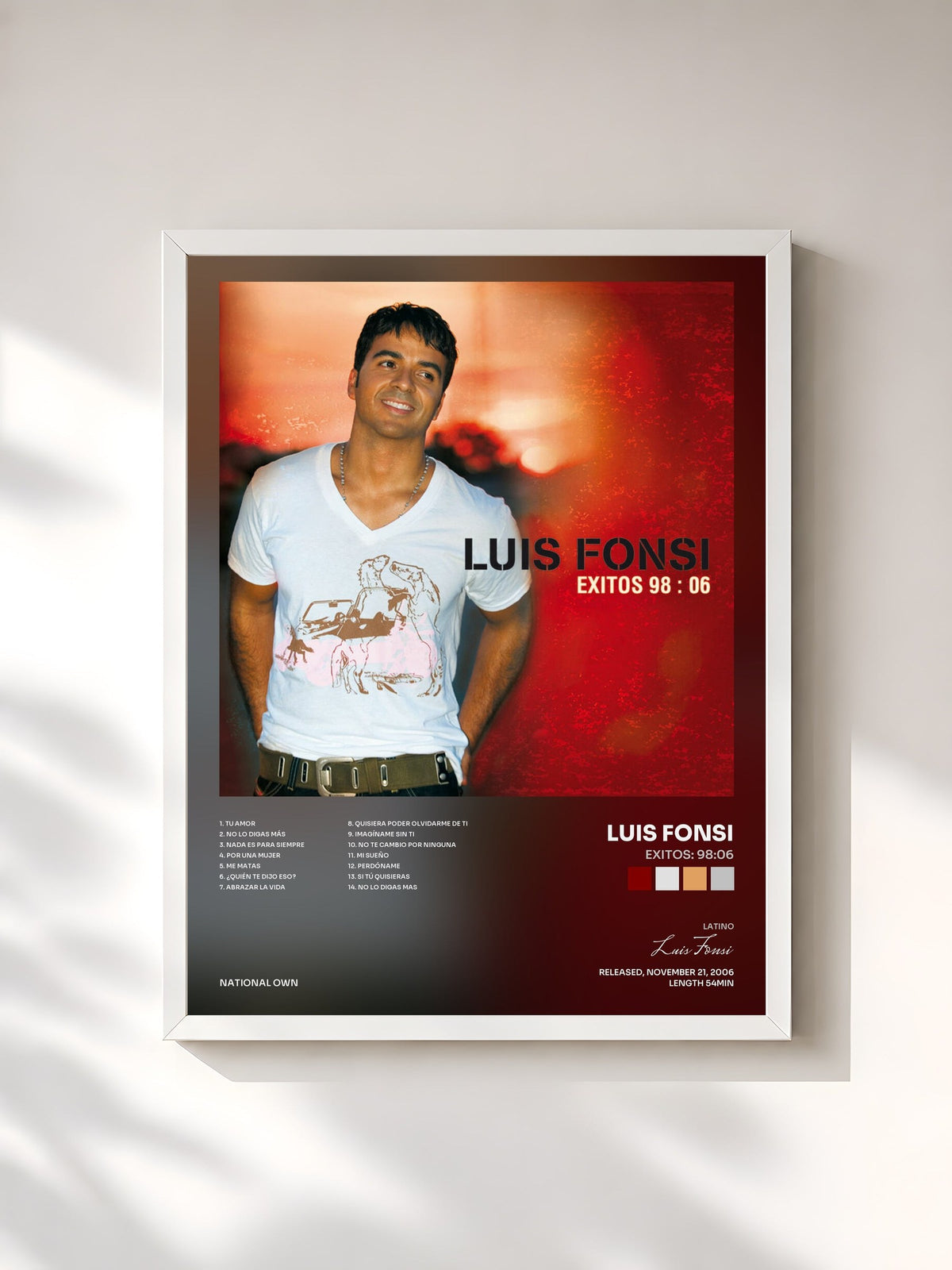 #blanc Exitos: 98:06 de Luis Fonsi en lámina enmarcada, marco blanco, impresa y enmarcada en Francia