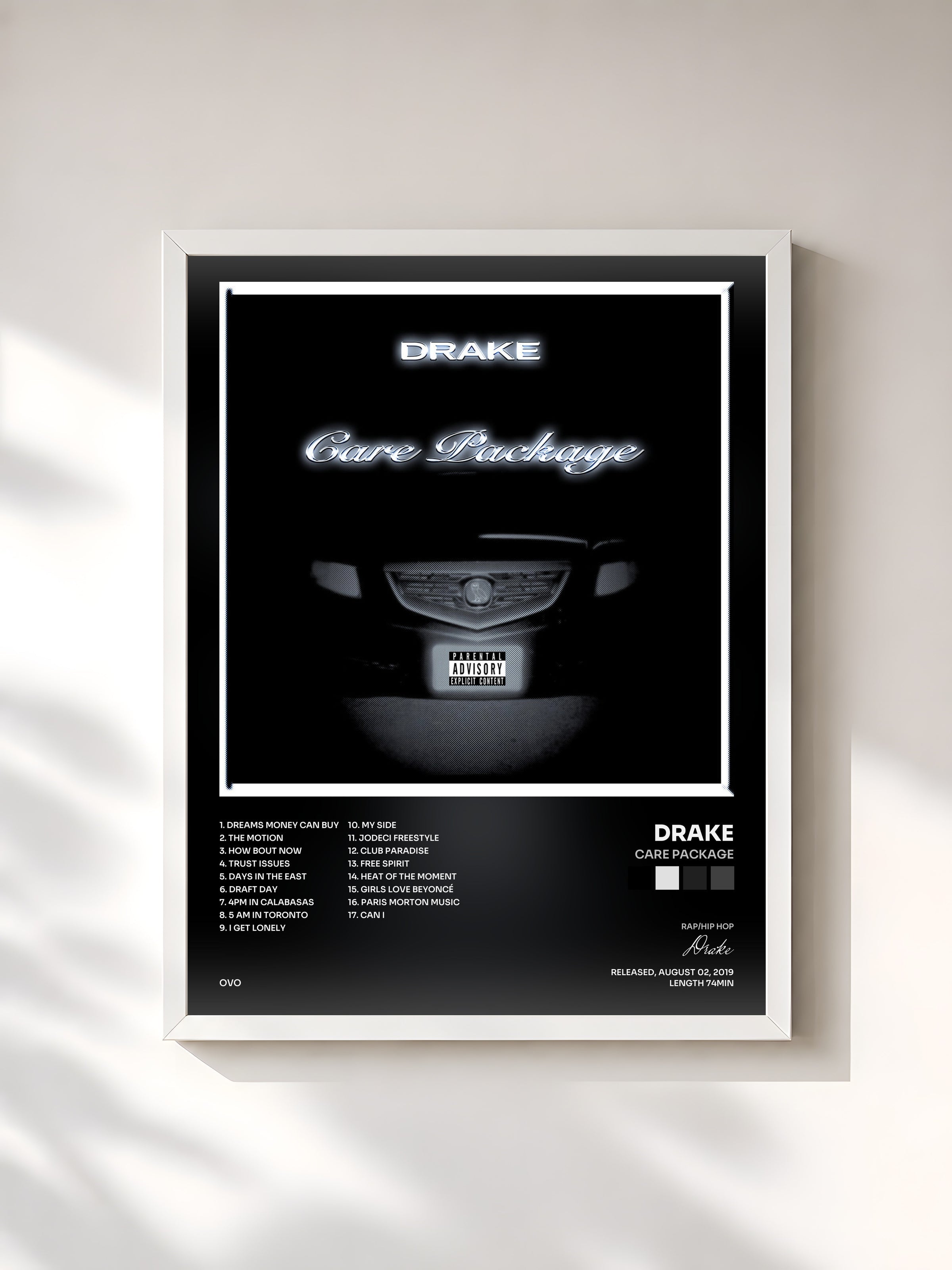#blanc Tableau de l'album Care Package de Drake, cadre blanc, imprimé et encadré en France
