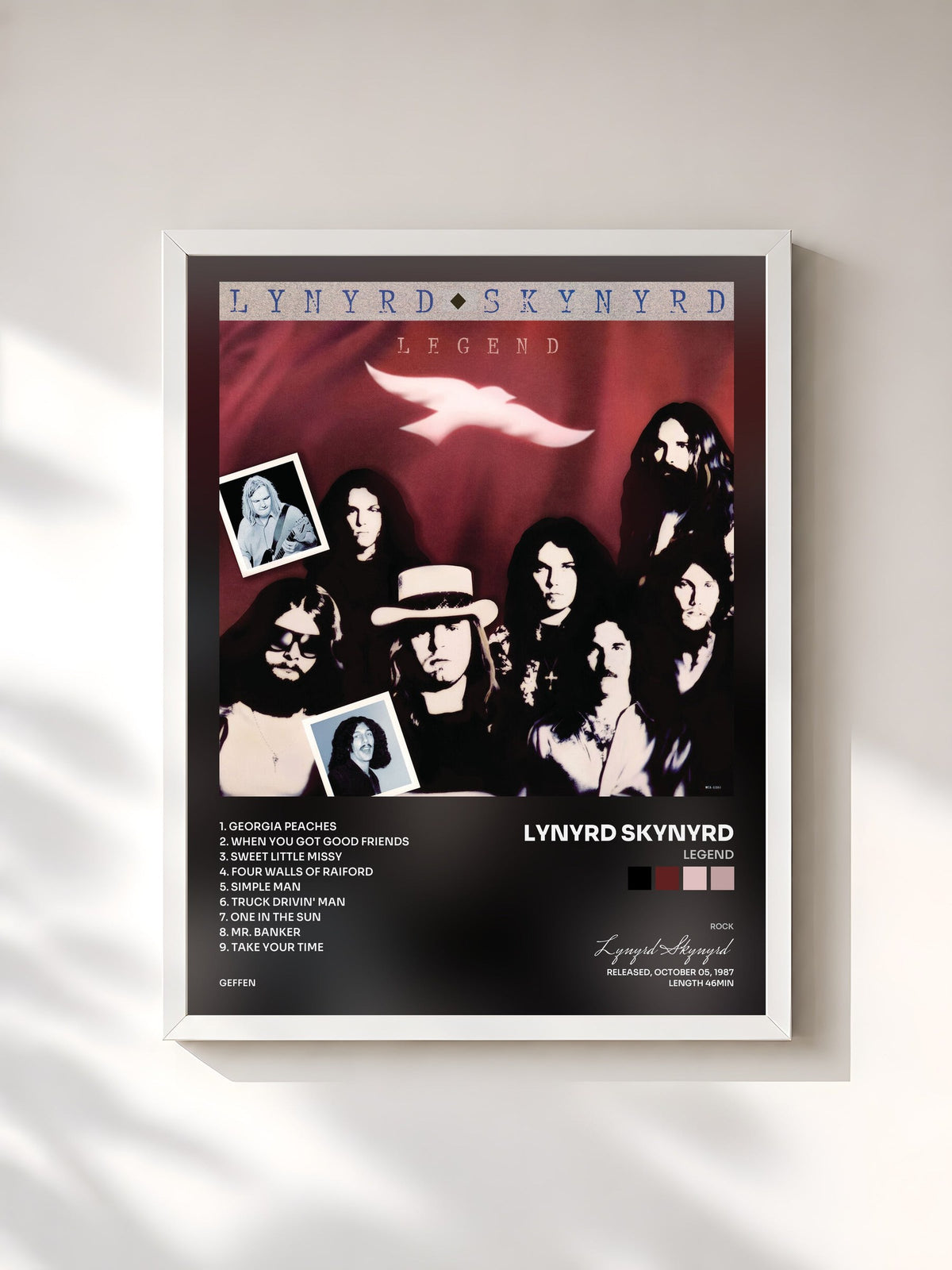 #blanc Legend de Lynyrd Skynyrd en lámina enmarcada, marco blanco, impresa y enmarcada en Francia