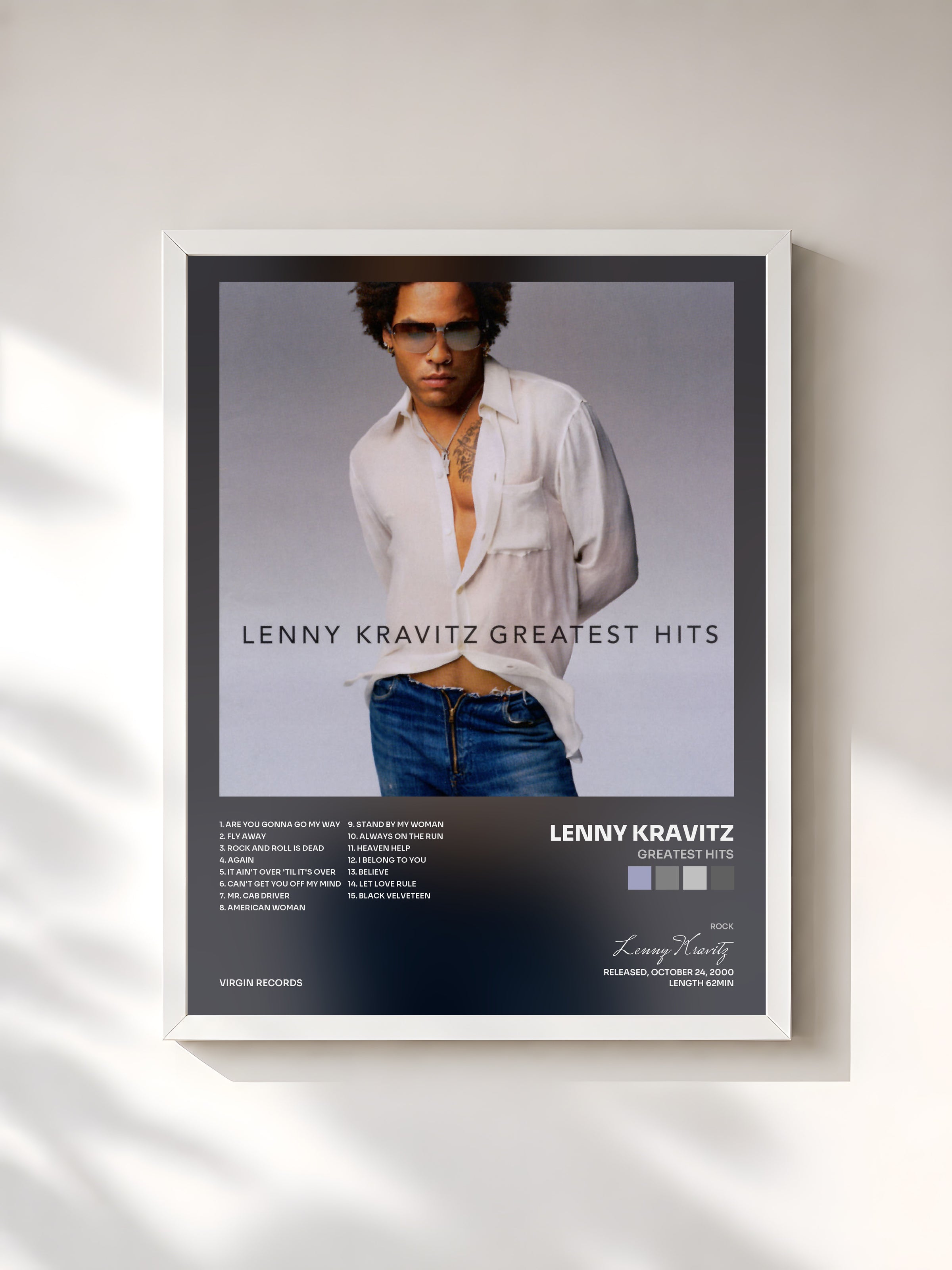 #blanc Tableau de l'album Greatest Hits de Lenny Kravitz, cadre blanc, imprimé et encadré en France