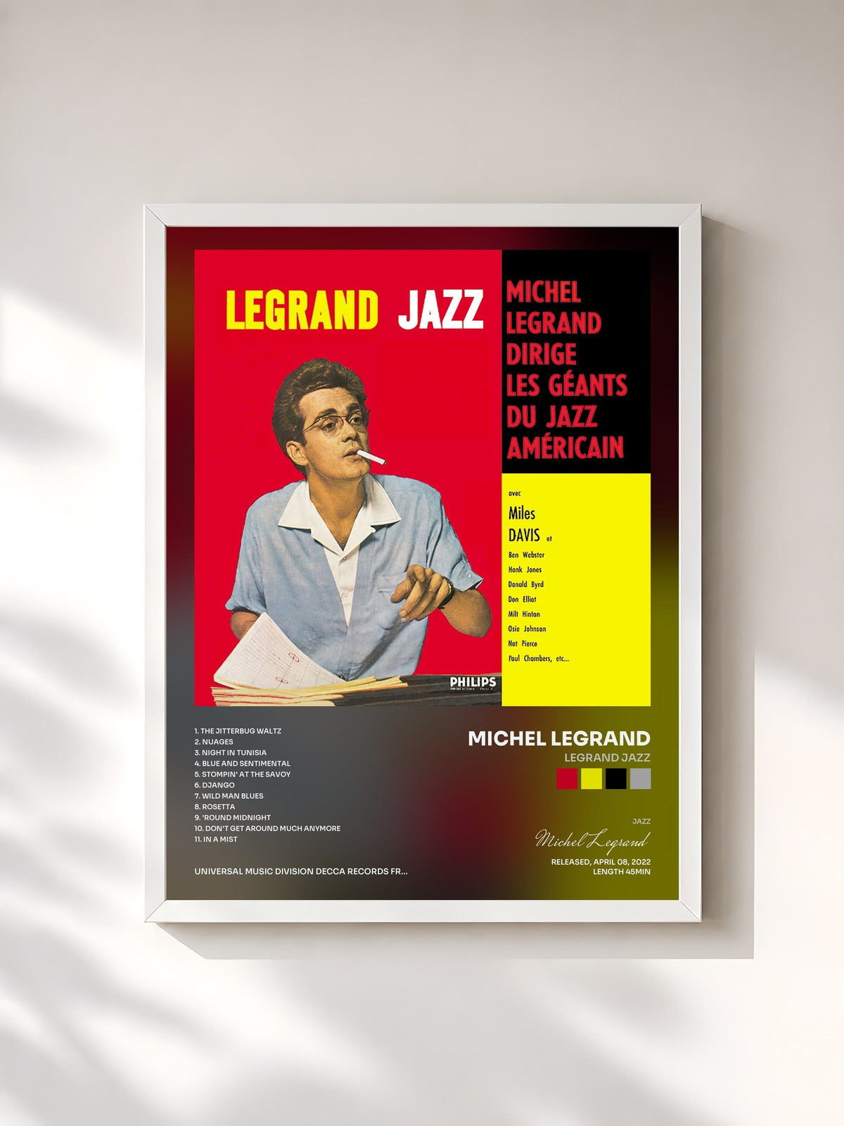 #blanc Tableau de l'album Legrand Jazz de Michel Legrand, cadre blanc, imprimé et encadré en France