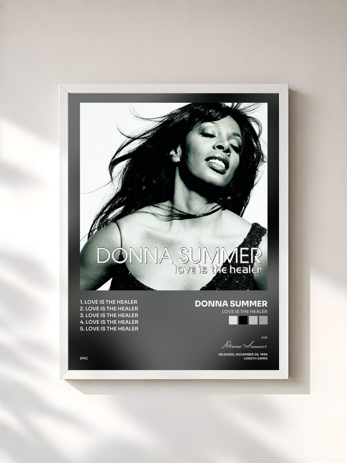#blanc Tableau de l'album Love Is The Healer de Donna Summer, cadre blanc, imprimé et encadré en France