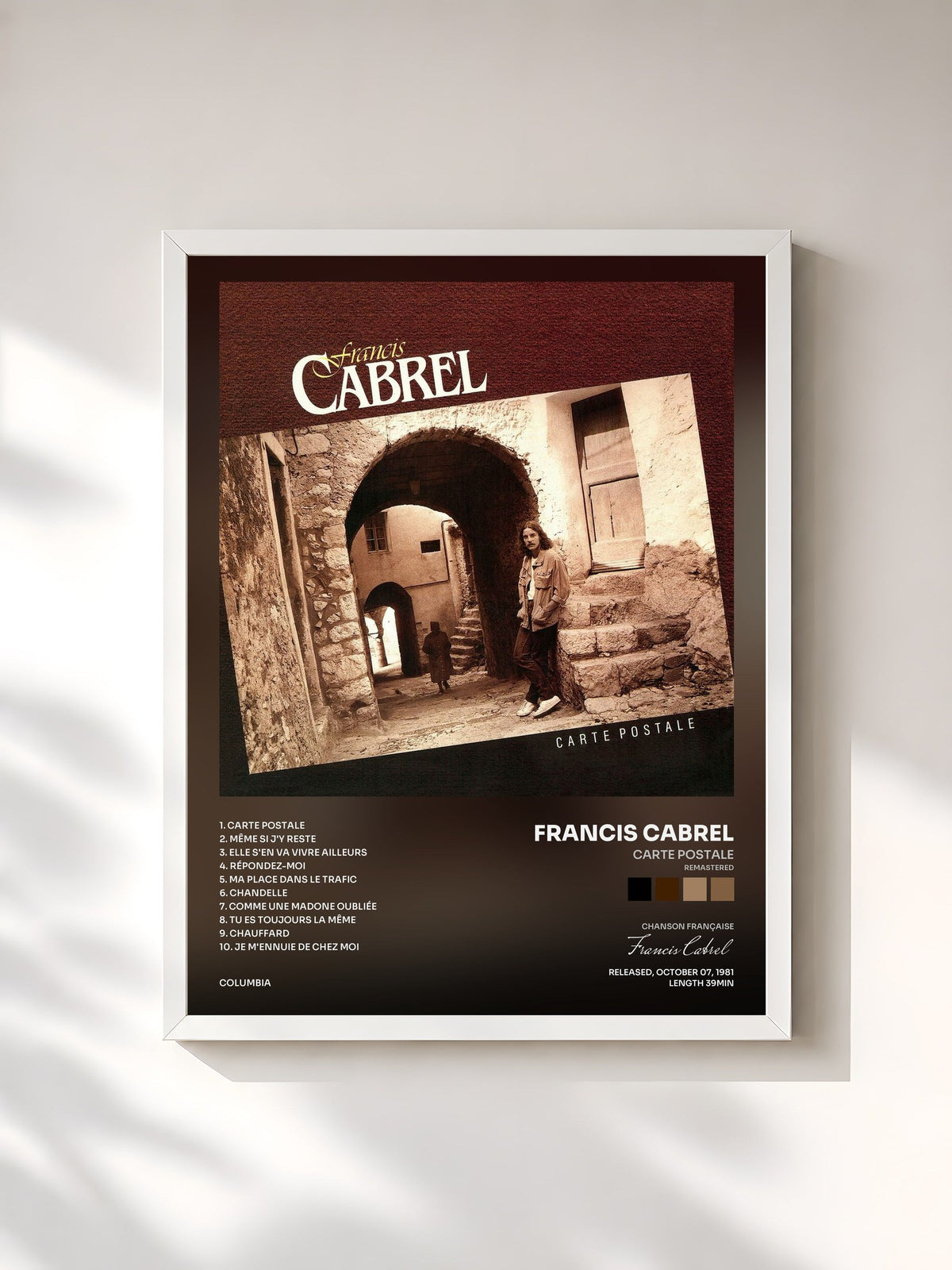#blanc Tableau de l'album Carte postale (Remastered) de Francis Cabrel, cadre blanc, imprimé et encadré en France