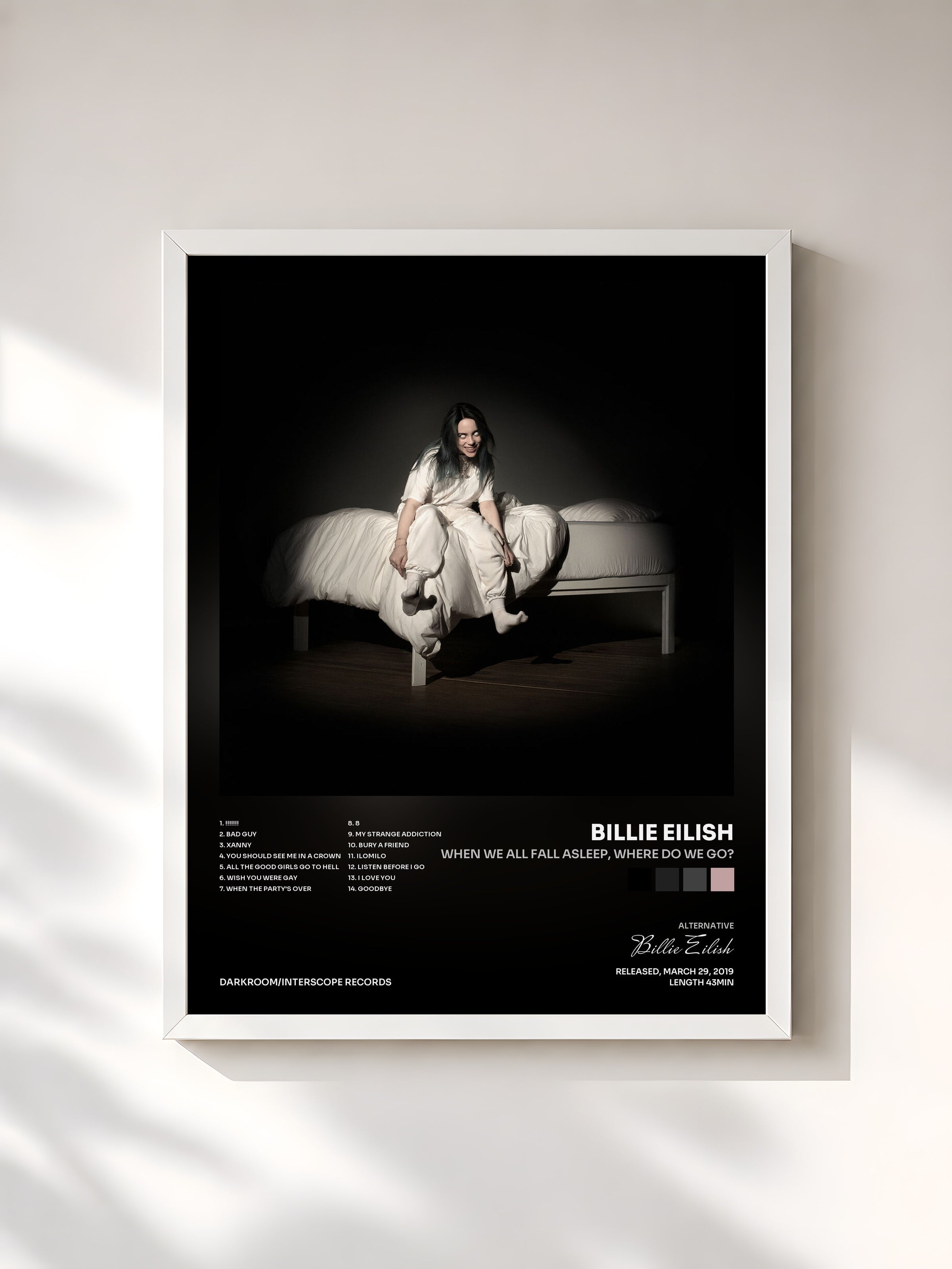 #blanc Tableau de l'album WHEN WE ALL FALL ASLEEP, WHERE DO WE GO? de Billie Eilish, cadre blanc, imprimé et encadré en France