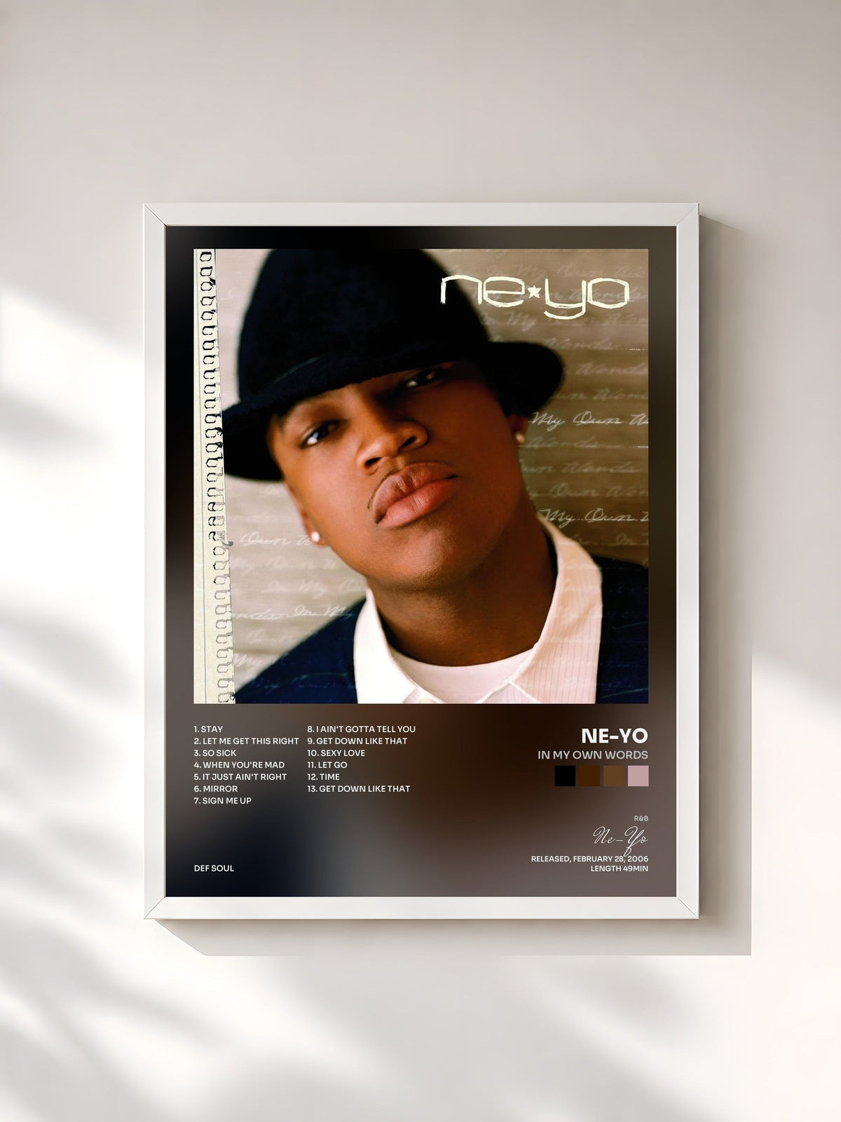 #blanc Tableau de l'album In My Own Words de Ne-Yo, cadre blanc, imprimé et encadré en France