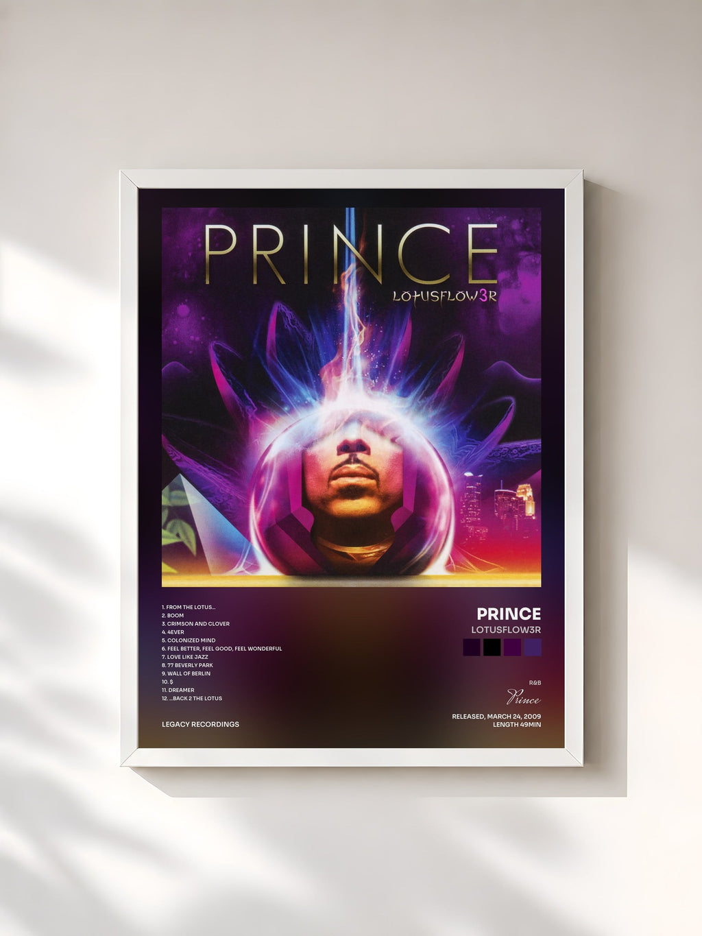 #blanc Tableau de l'album LOtUSFLOW3R de Prince, cadre blanc, imprimé et encadré en France