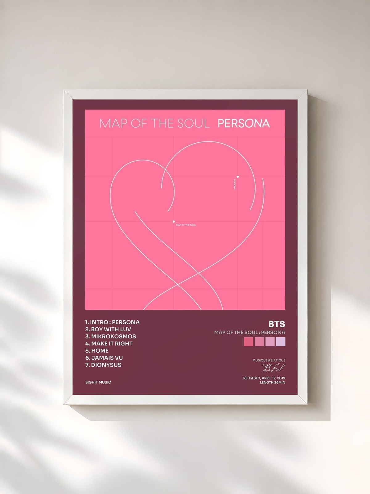 #blanc Tableau de l'album MAP OF THE SOUL : PERSONA de BTS, cadre blanc, imprimé et encadré en France