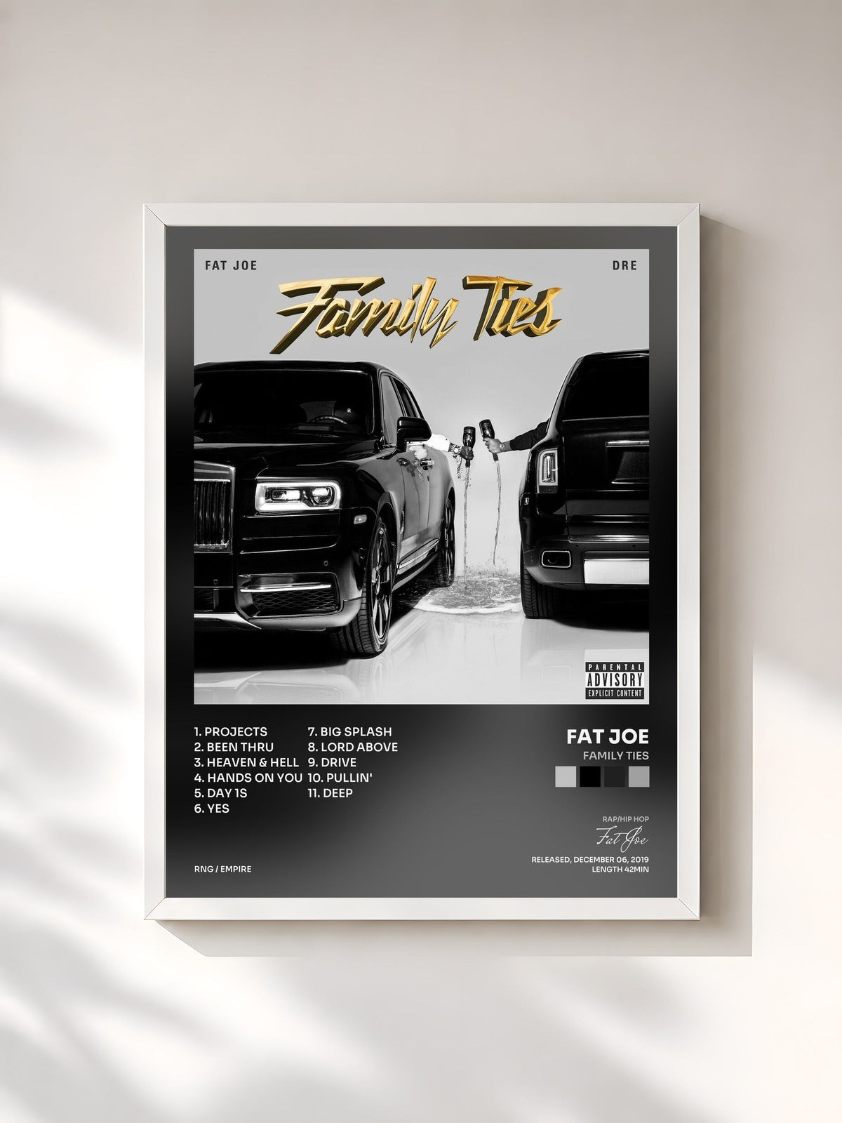 #blanc Tableau de l'album Family Ties de Fat Joe, cadre blanc, imprimé et encadré en France