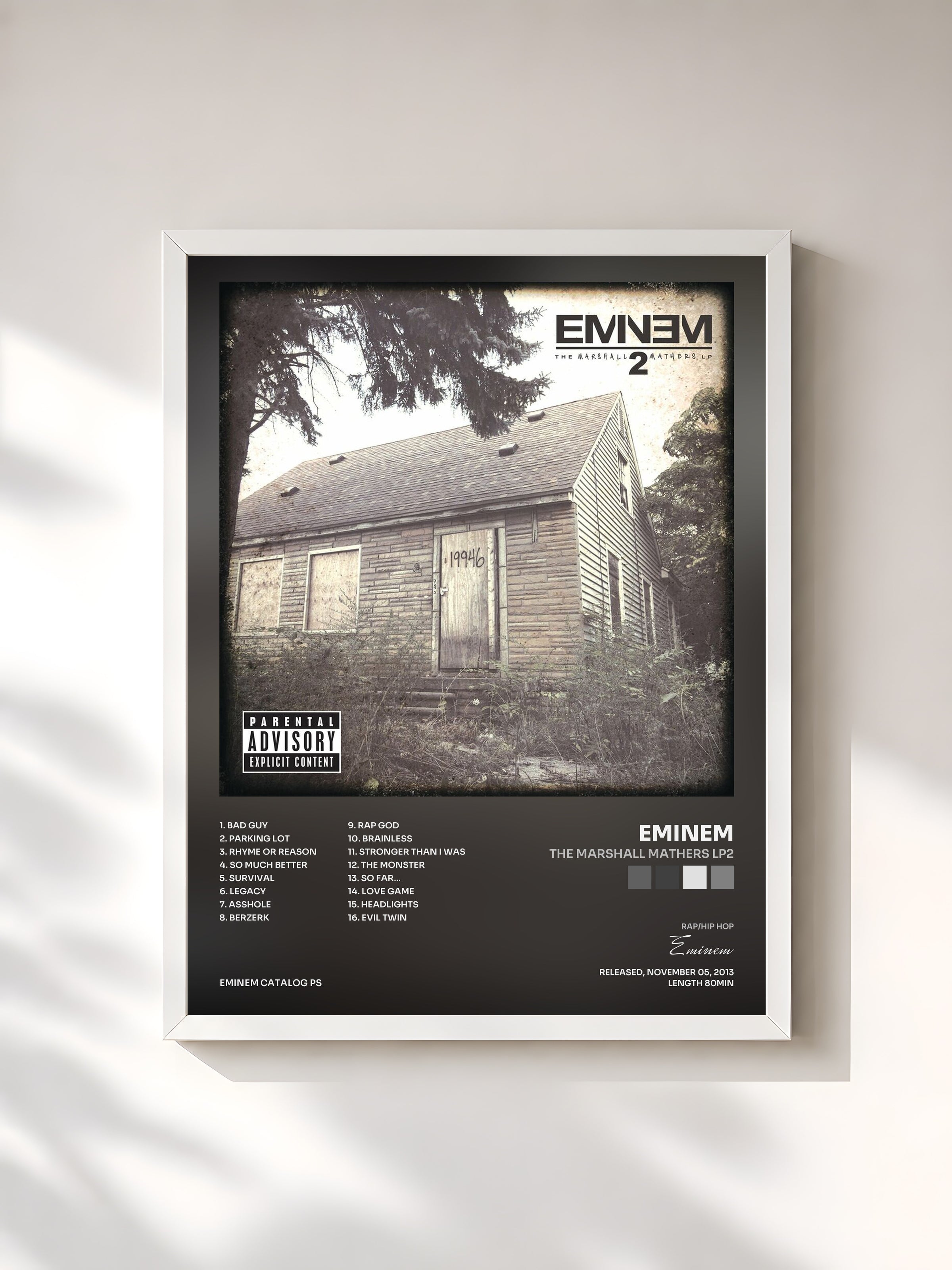 #blanc Tableau de l'album The Marshall Mathers LP2 de Eminem, cadre blanc, imprimé et encadré en France