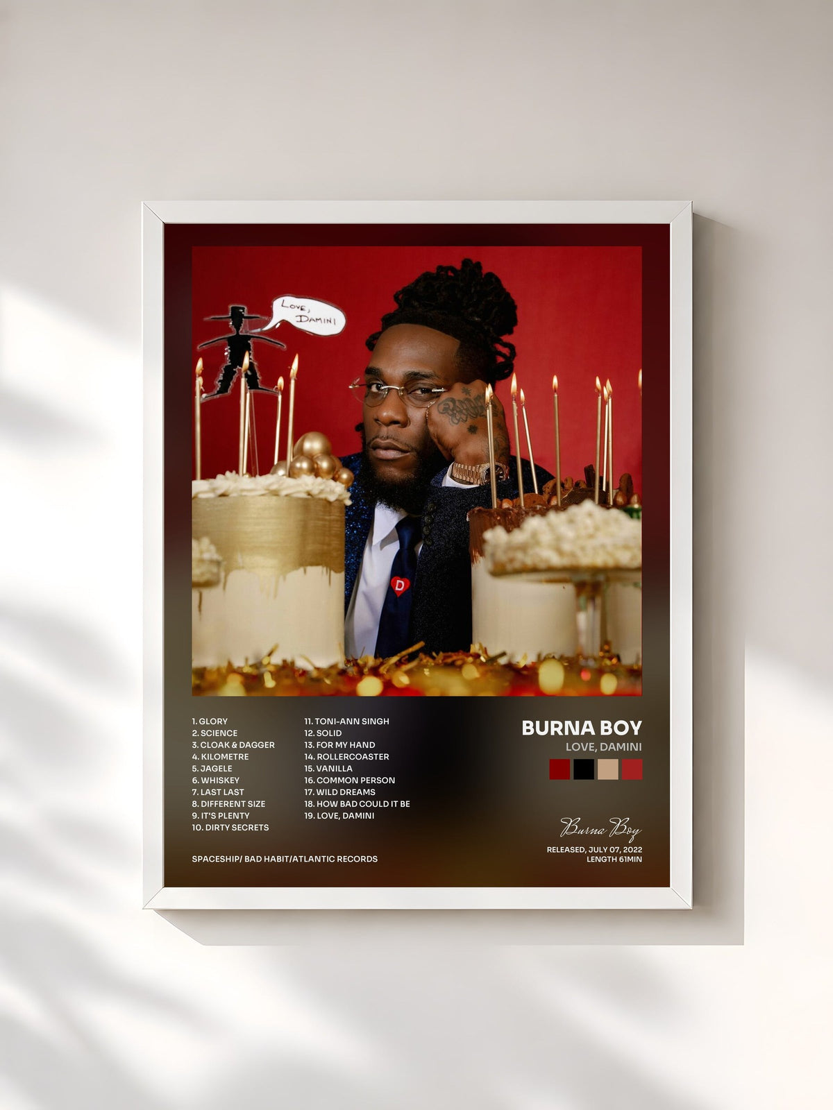 #blanc Tableau de l'album Love, Damini de Burna Boy, cadre blanc, imprimé et encadré en France