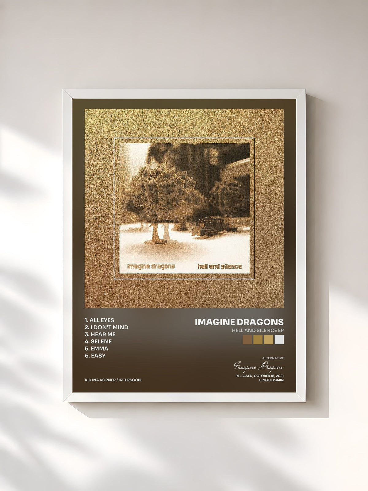 #blanc Tableau de l'album Hell And Silence EP de Imagine Dragons, cadre blanc, imprimé et encadré en France