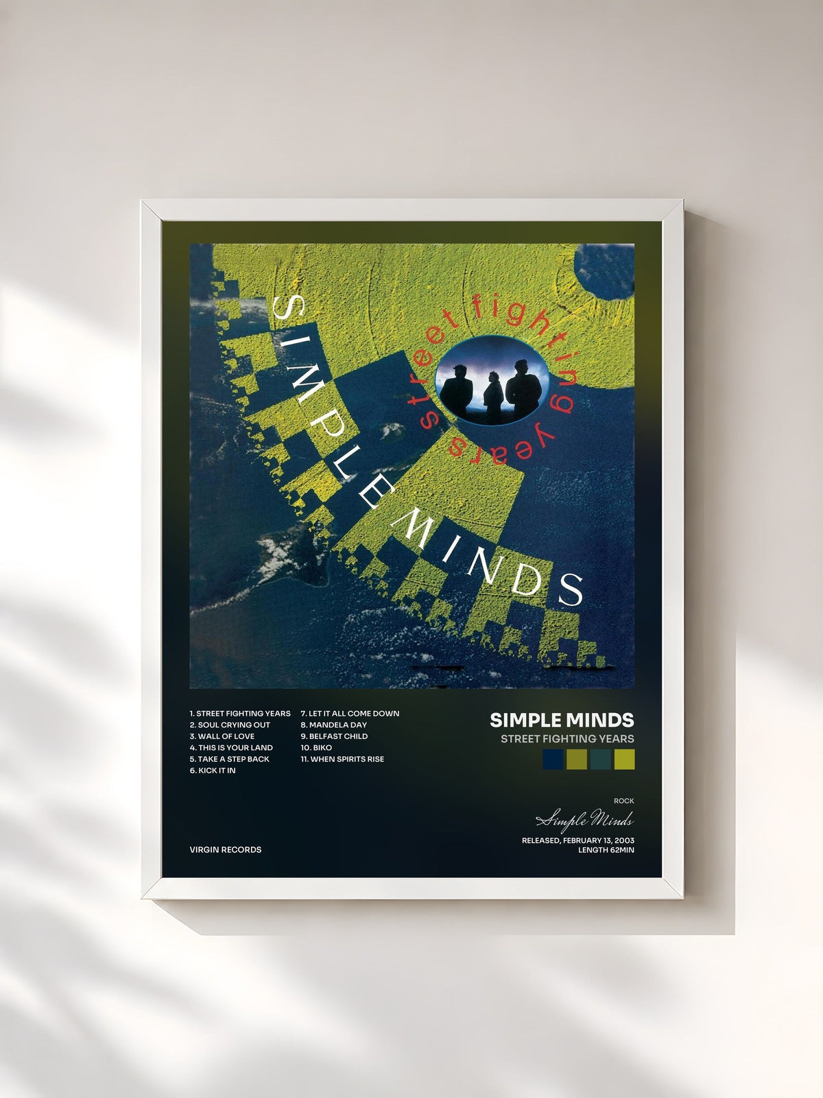 #blanc Street Fighting Years de Simple Minds en lámina enmarcada, marco blanco, impresa y enmarcada en Francia