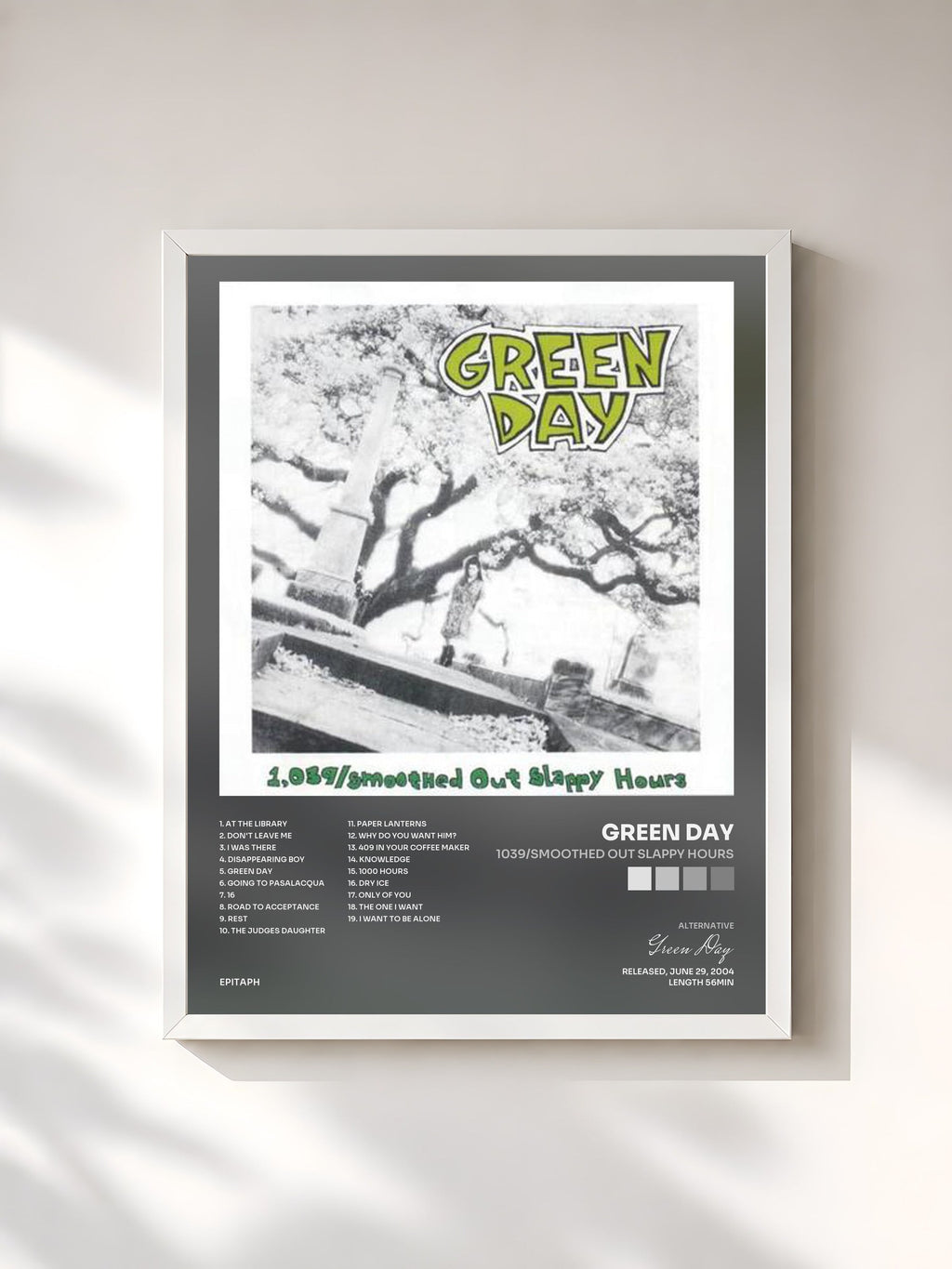 #blanc Tableau de l'album 1039/Smoothed Out Slappy Hours de Green Day, cadre blanc, imprimé et encadré en France