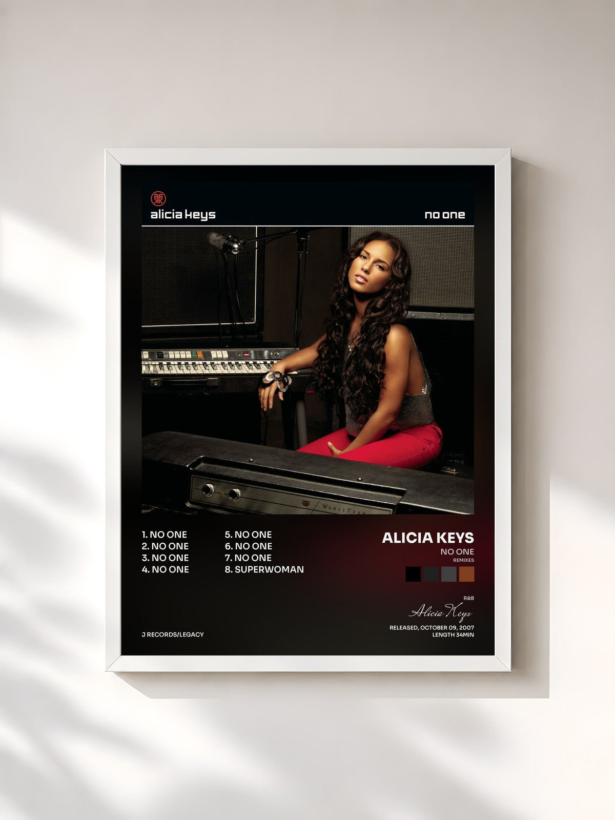 #blanc Tableau de l'album No One (Remixes) de Alicia Keys, cadre blanc, imprimé et encadré en France