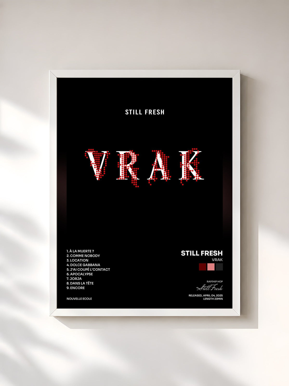 #blanc Tableau de l'album VRAK de Still Fresh, cadre blanc, imprimé et encadré en France